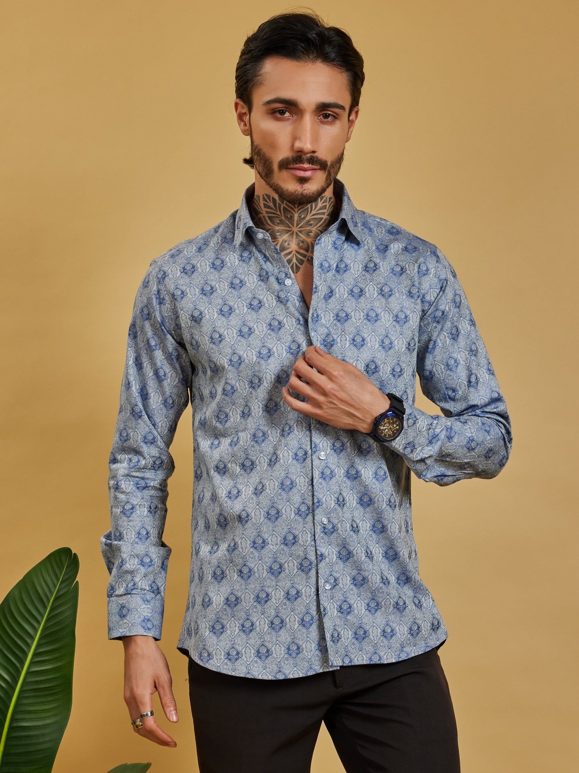 OTFIT Men’s Blue Jacquard Cotton Shirt – Rich Woven Pattern Full Sleeve | No Pocket