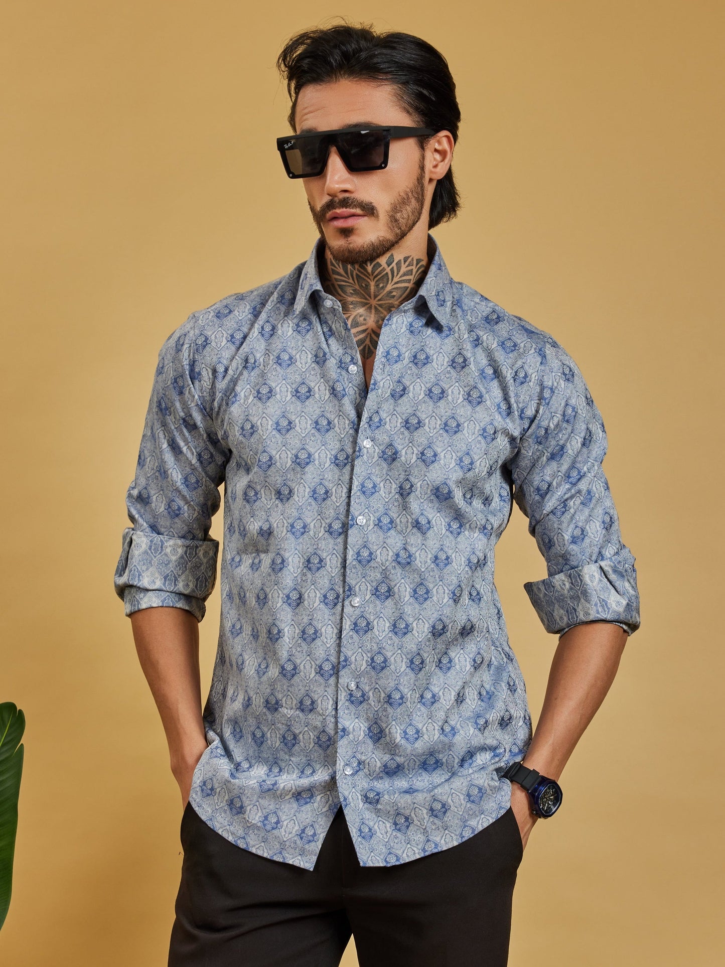 OTFIT Men’s Blue Jacquard Cotton Shirt – Rich Woven Pattern Full Sleeve | No Pocket