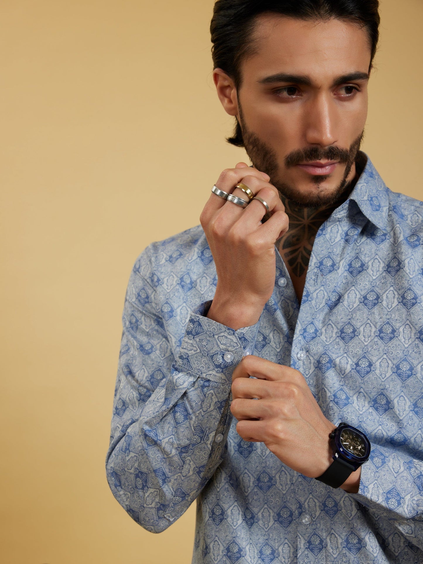 OTFIT Men’s Blue Jacquard Cotton Shirt – Rich Woven Pattern Full Sleeve | No Pocket