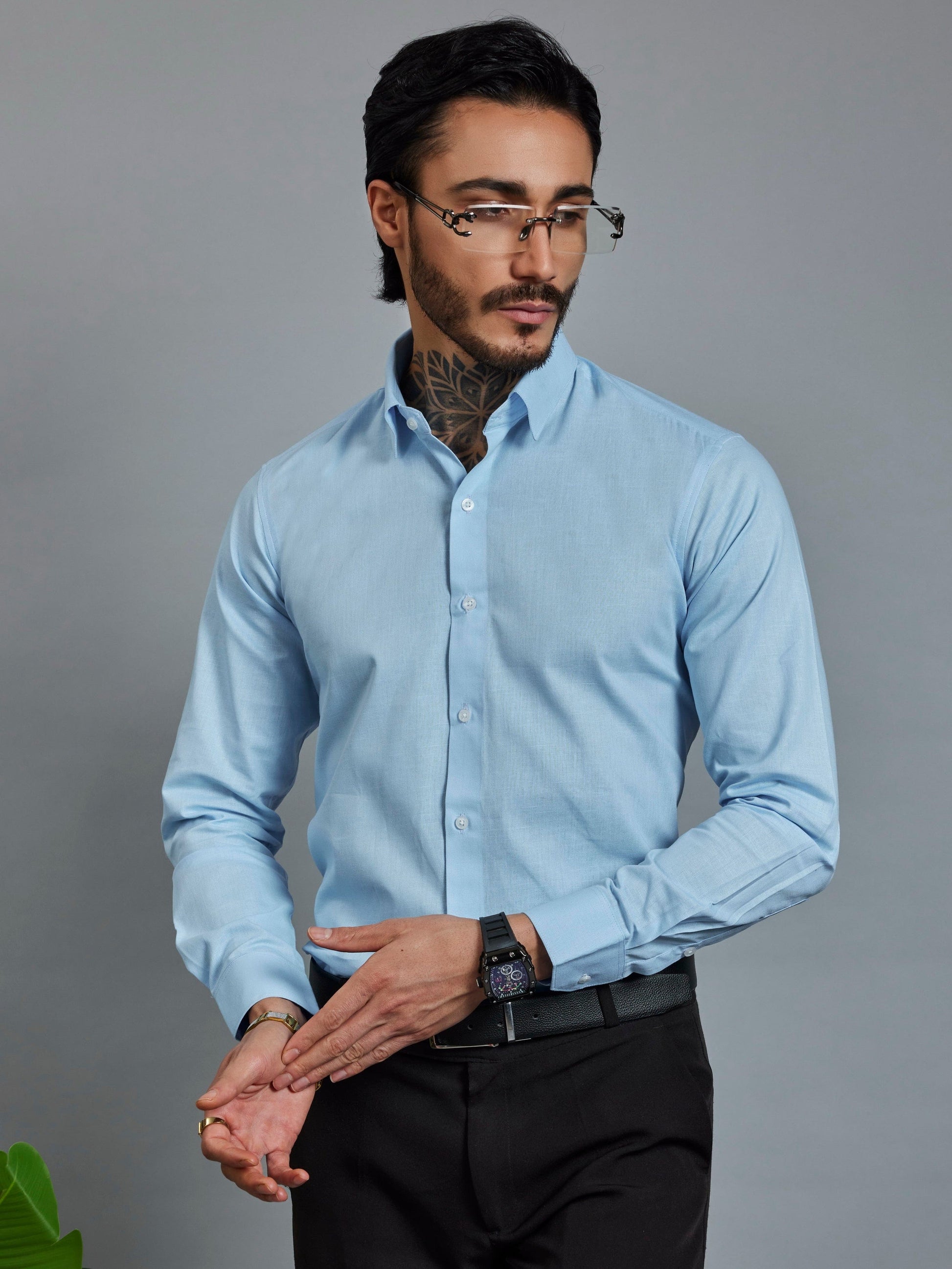 OTFIT Men’s Classic Linen Shirt – Sky Blue (Full Sleeve)
