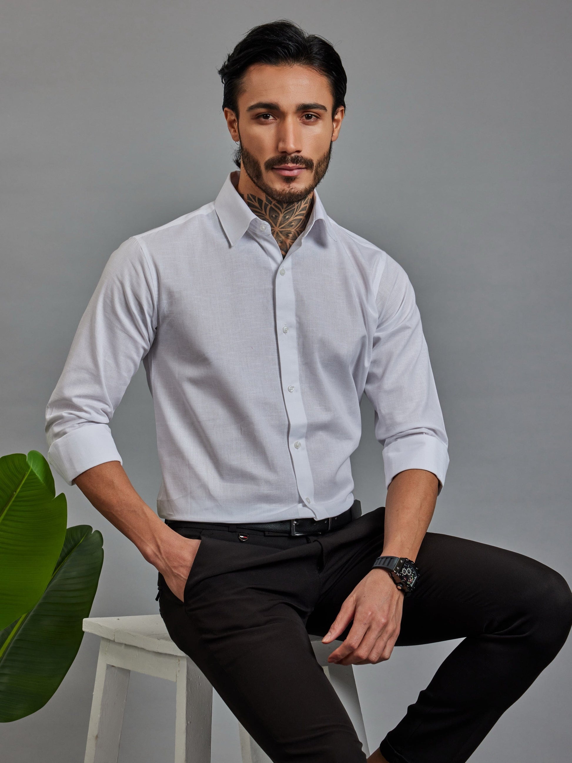 OTFIT Men’s Classic Linen Shirt – White (Full Sleeve)