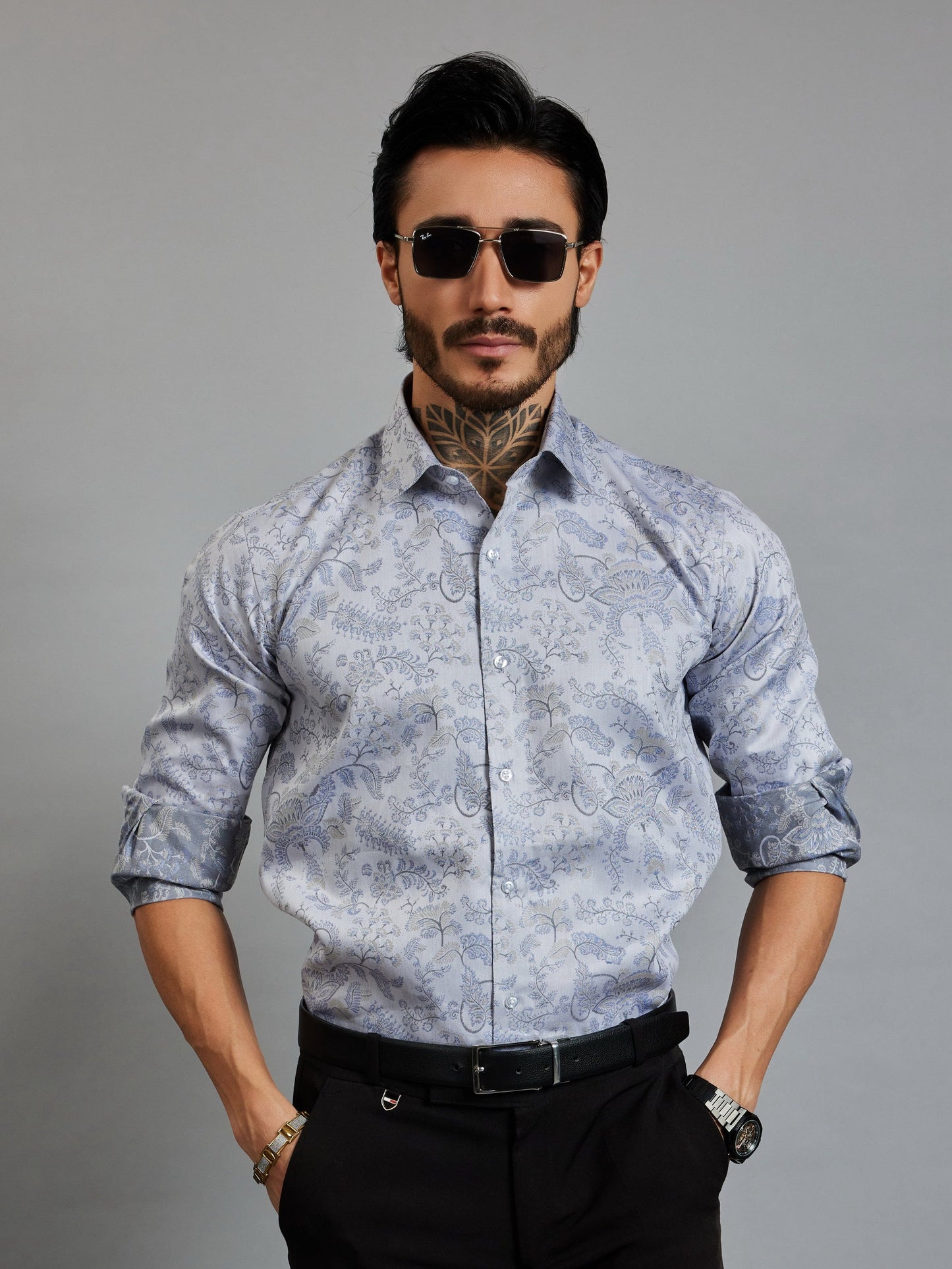 OTFIT Men’s Designer Jacquard Shirt – Full Sleeve | Premium Cotton | Woven Floral & Paisley Motif | No Pocket