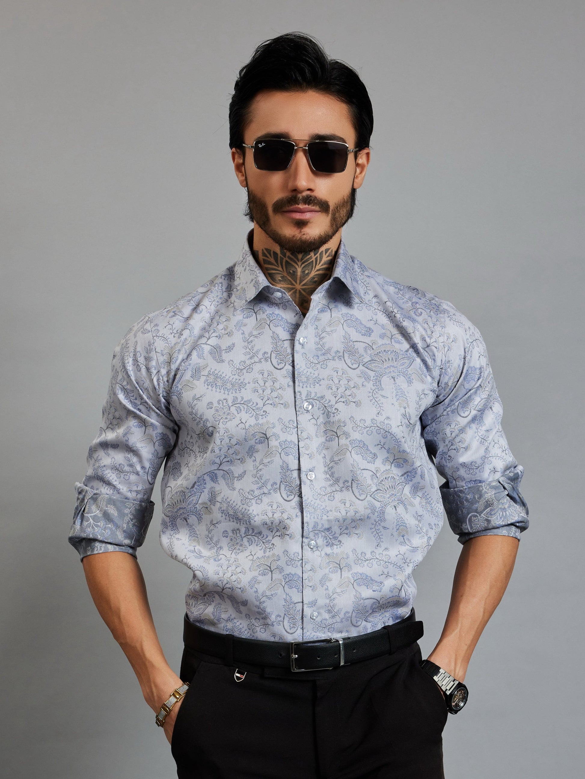 OTFIT Men’s Designer Jacquard Shirt – Full Sleeve | Premium Cotton | Woven Floral & Paisley Motif | No Pocket
