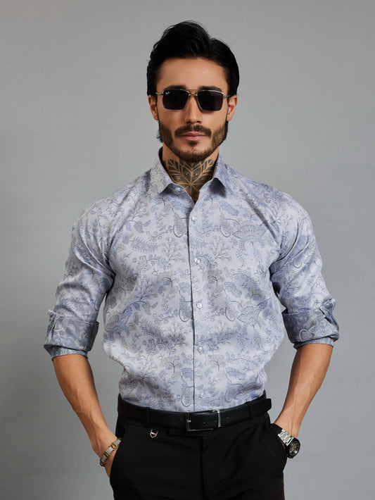 OTFIT Men’s Designer Jacquard Shirt – Full Sleeve | Premium Cotton | Woven Floral & Paisley Motif | No Pocket