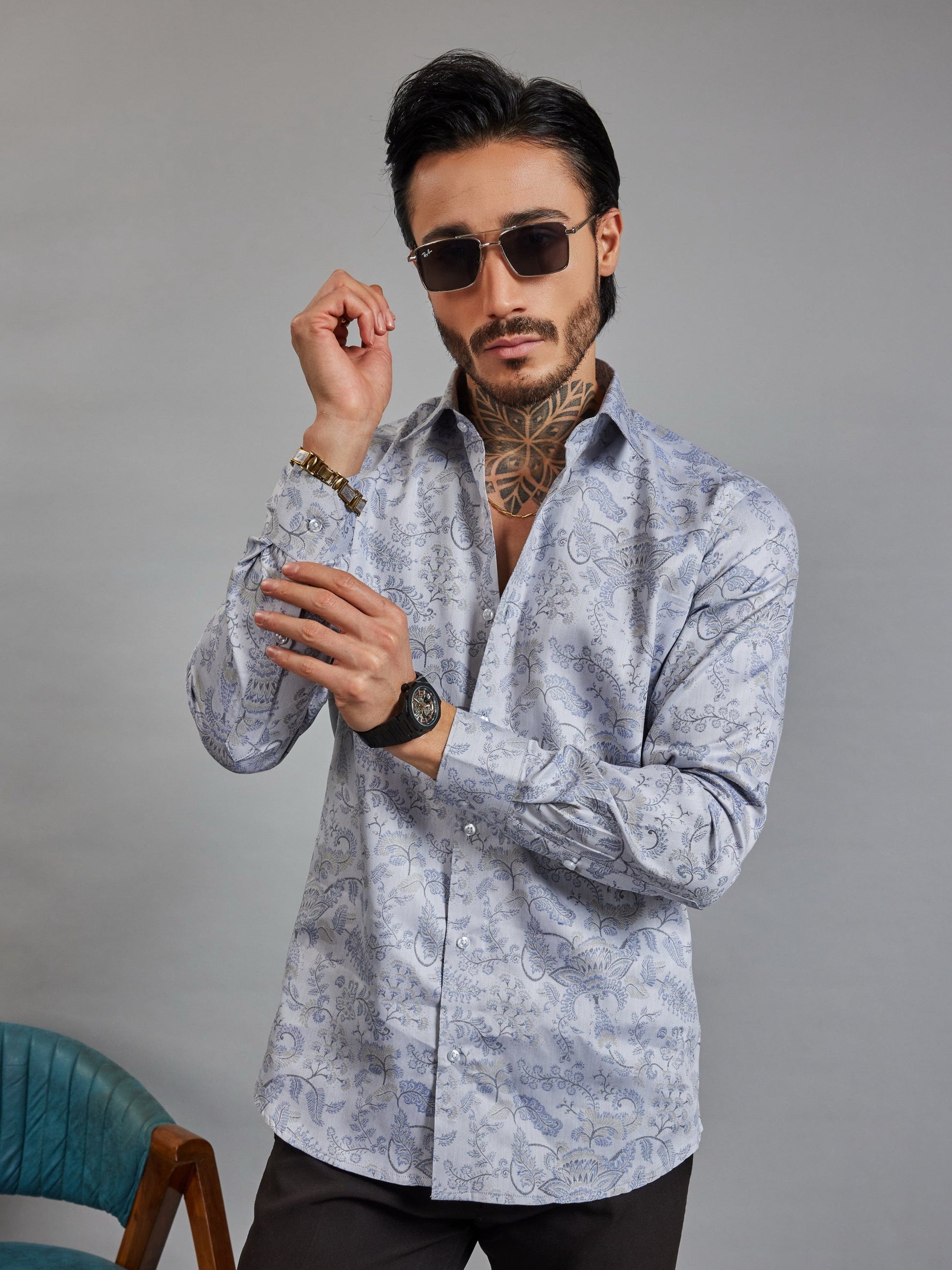 OTFIT Men’s Designer Jacquard Shirt – Full Sleeve | Premium Cotton | Woven Floral & Paisley Motif | No Pocket