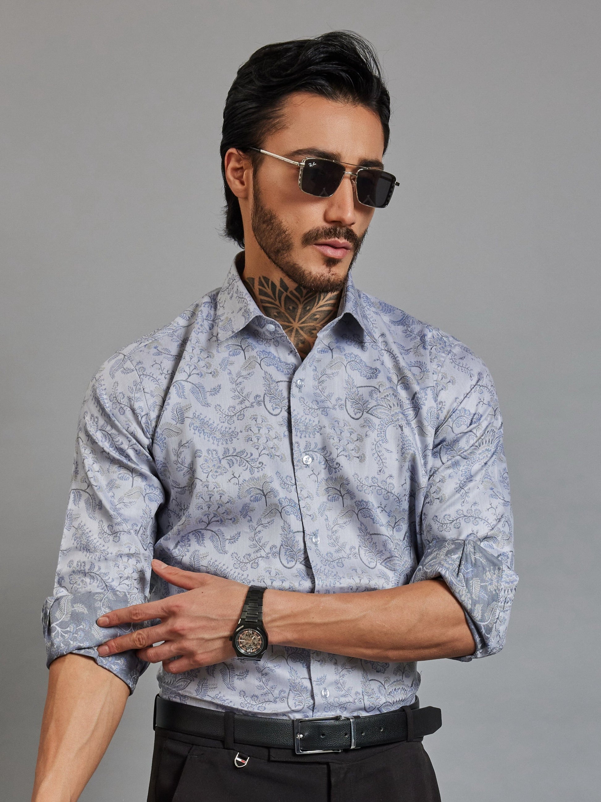 OTFIT Men’s Designer Jacquard Shirt – Full Sleeve | Premium Cotton | Woven Floral & Paisley Motif | No Pocket