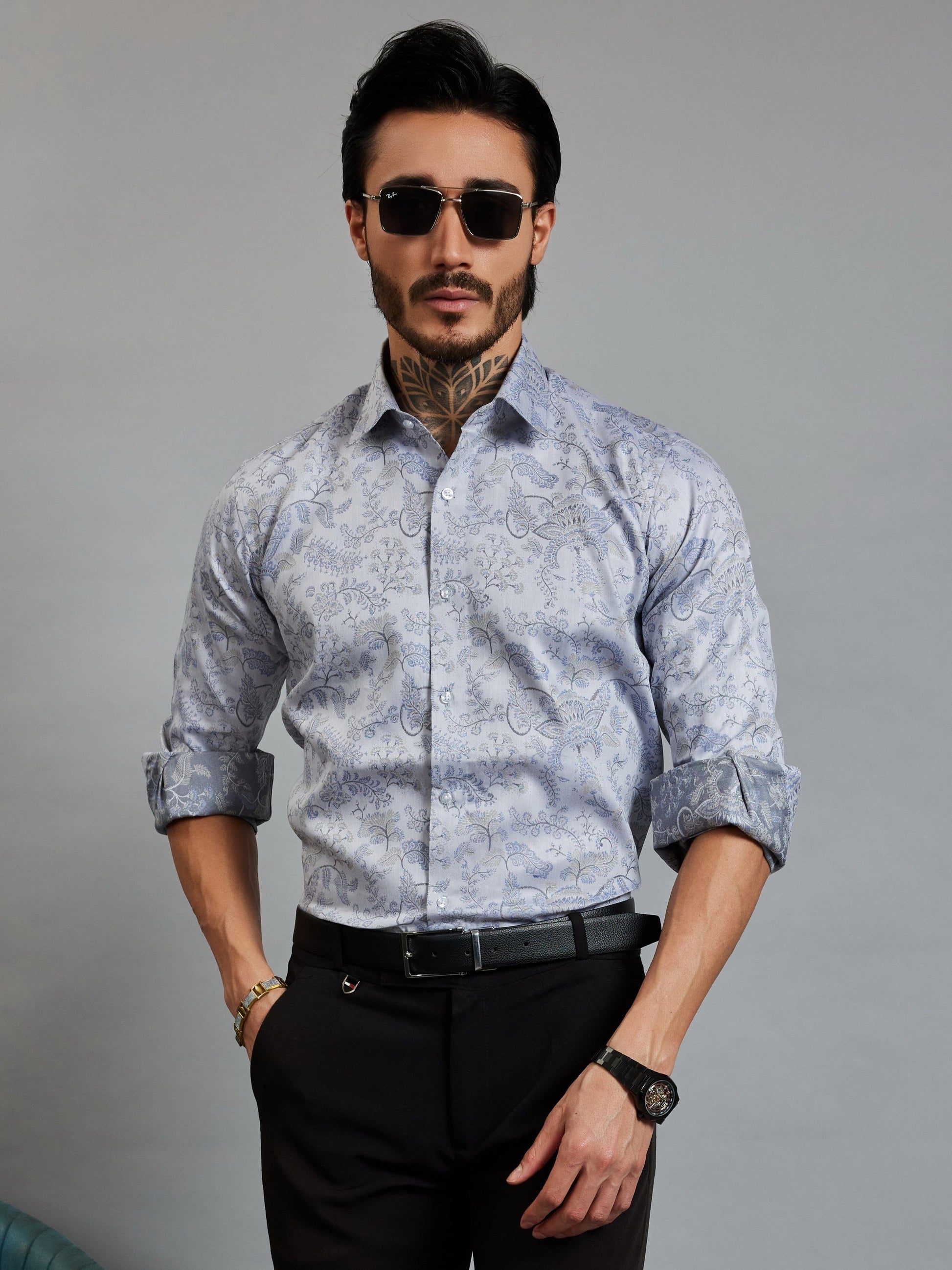 OTFIT Men’s Designer Jacquard Shirt – Full Sleeve | Premium Cotton | Woven Floral & Paisley Motif | No Pocket