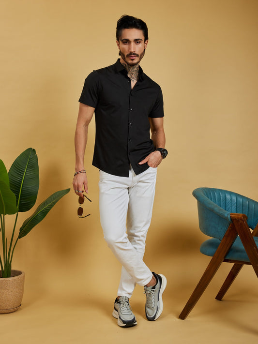 OTFIT Men’s Modern Nylon Stretch Shirt – Black (Half Sleeve, Slim Fit)