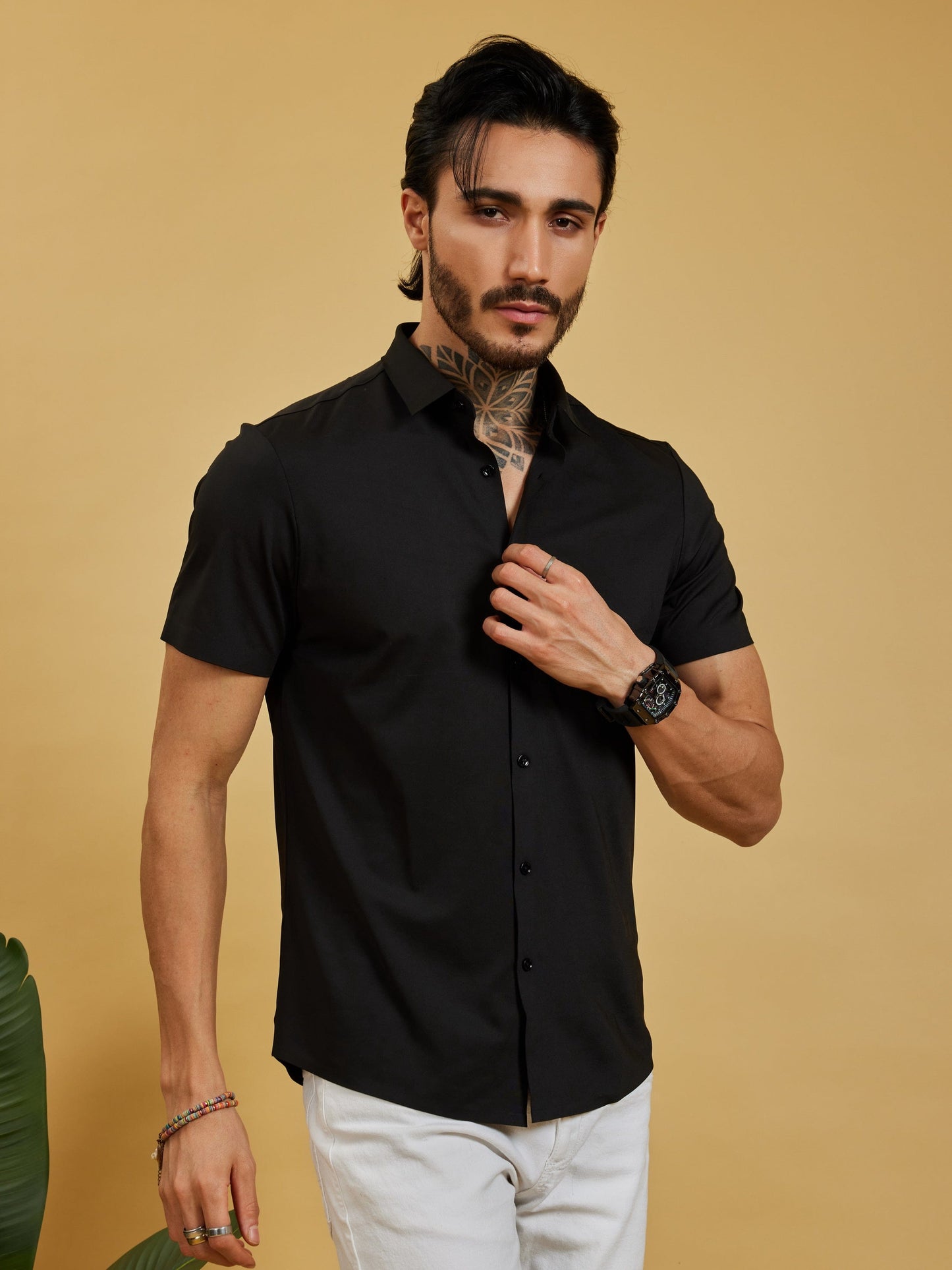 OTFIT Men’s Modern Nylon Stretch Shirt – Black (Half Sleeve, Slim Fit)