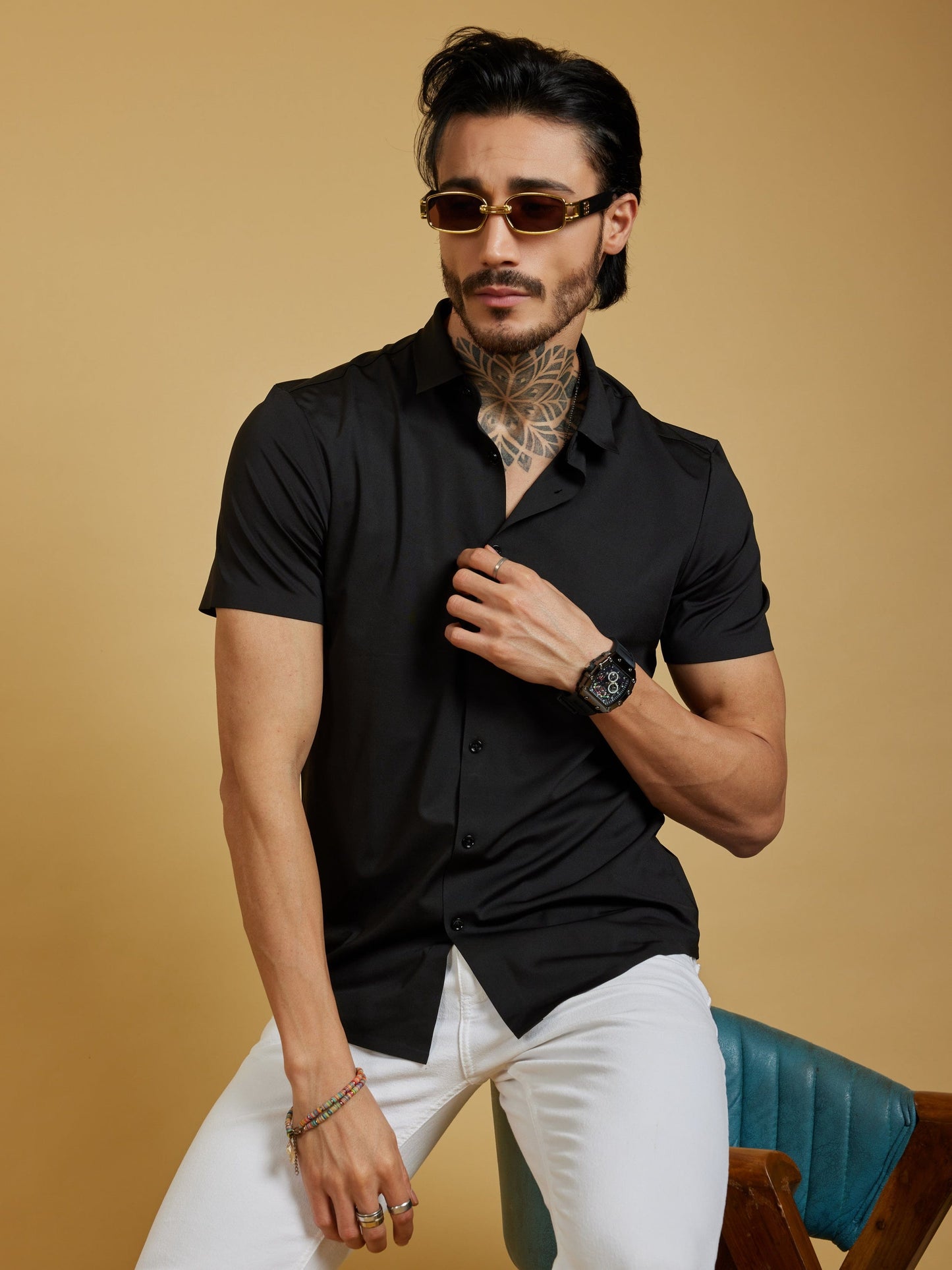 OTFIT Men’s Modern Nylon Stretch Shirt – Black (Half Sleeve, Slim Fit)