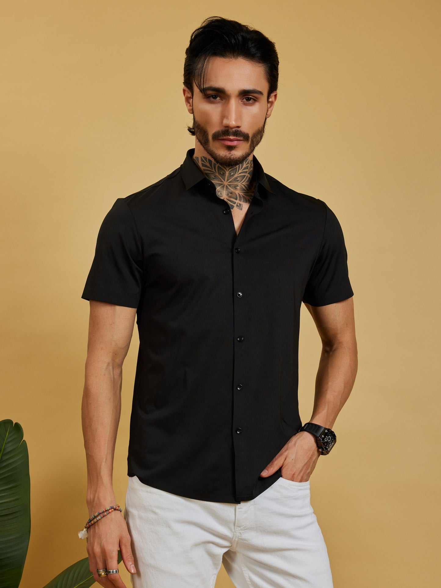 OTFIT Men’s Modern Nylon Stretch Shirt – Black (Half Sleeve, Slim Fit)