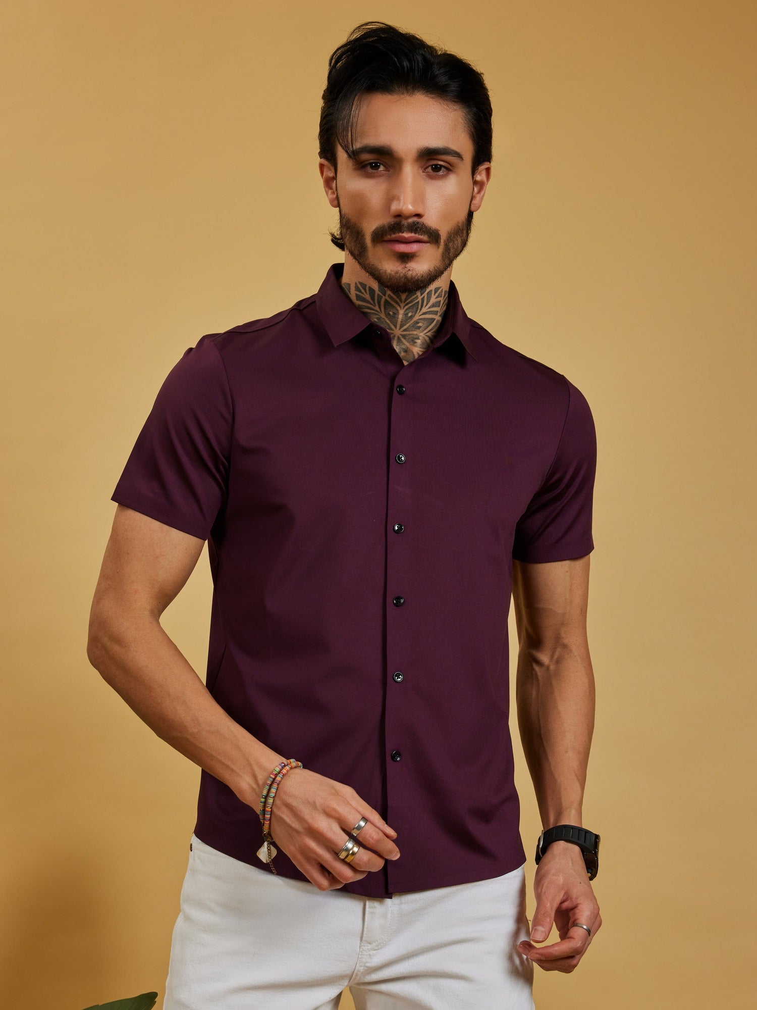 OTFIT Men’s Modern Nylon Stretch Shirt – Maroon (Half Sleeve, Slim Fit)