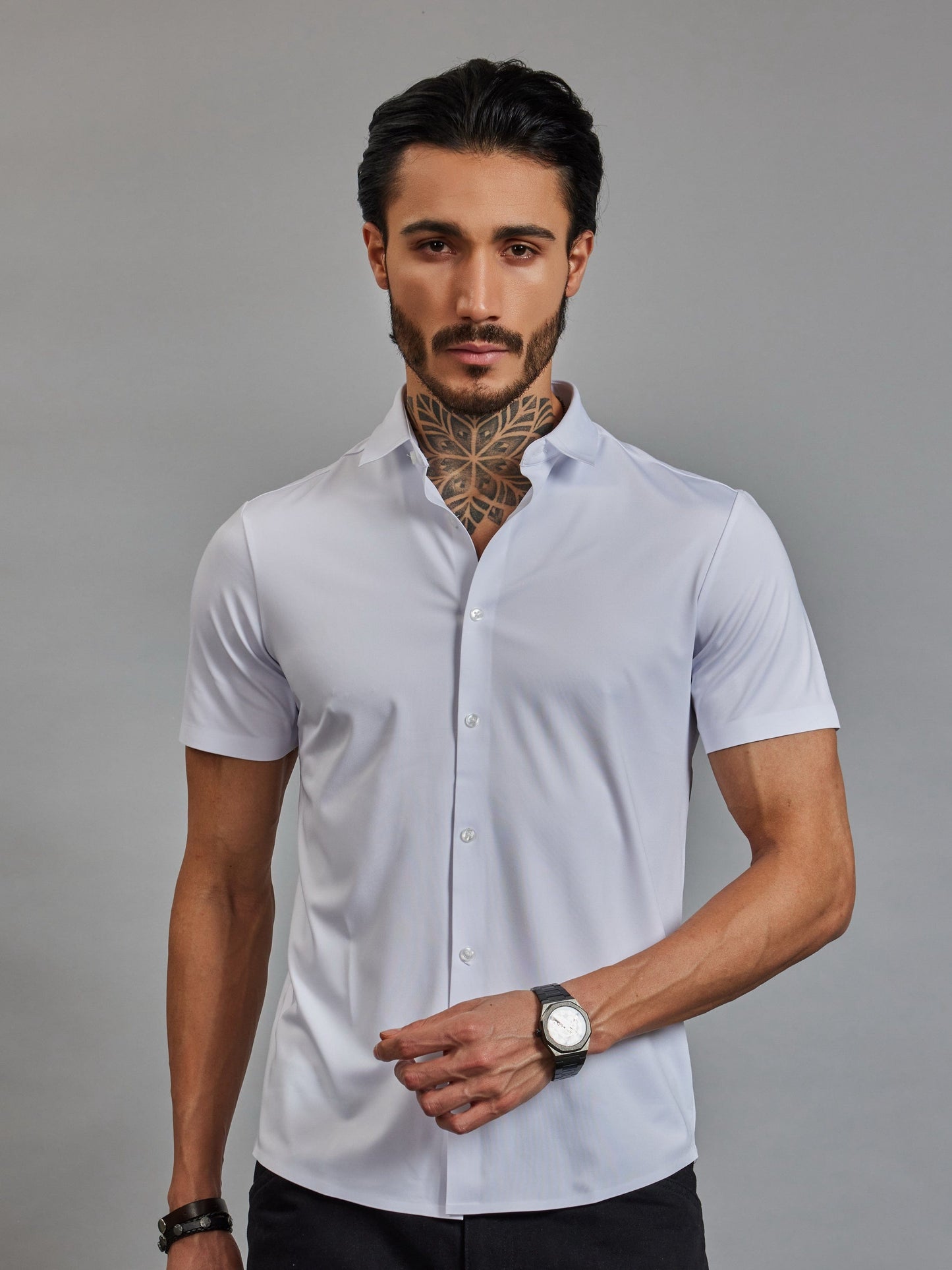 OTFIT Men’s Modern Nylon Stretch Shirt – White (Half Sleeve, Slim Fit)