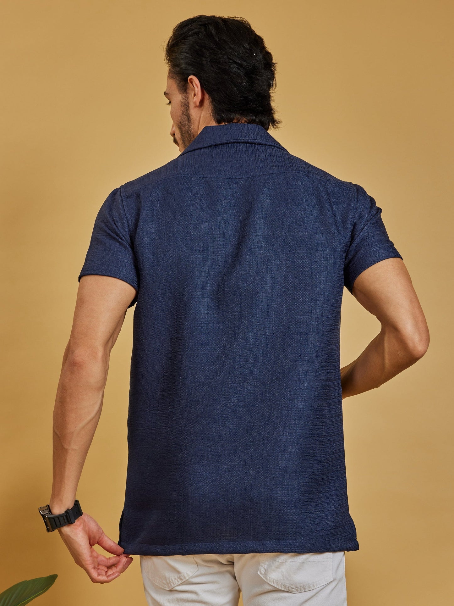 OTFIT Men’s Navy Blue Textured Shirt – Cotton Blend Open Collar | Half Sleeve | Minimal Look