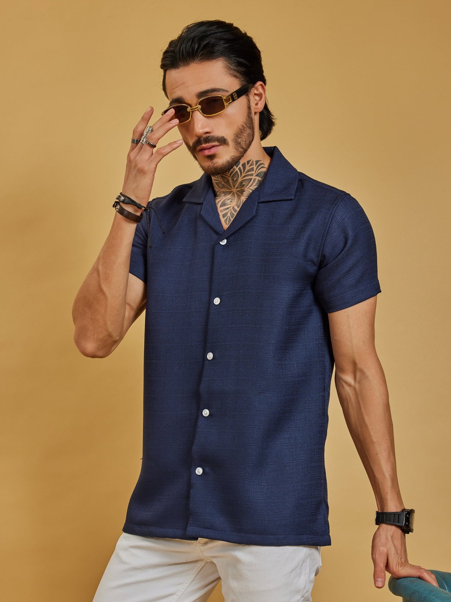 OTFIT Men’s Navy Blue Textured Shirt – Cotton Blend Open Collar | Half Sleeve | Minimal Look
