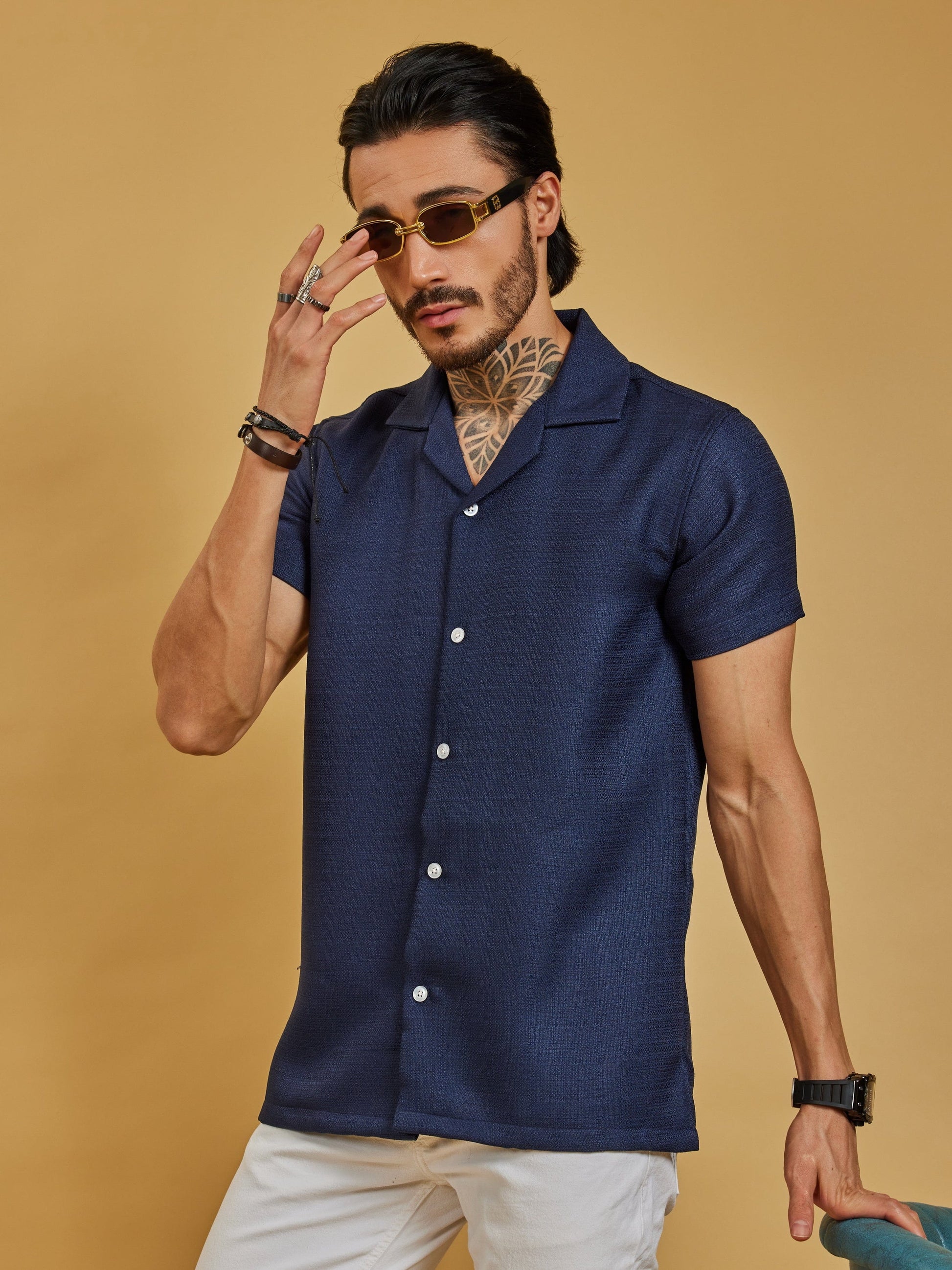 OTFIT Men’s Navy Blue Textured Shirt – Cotton Blend Open Collar | Half Sleeve | Minimal Look