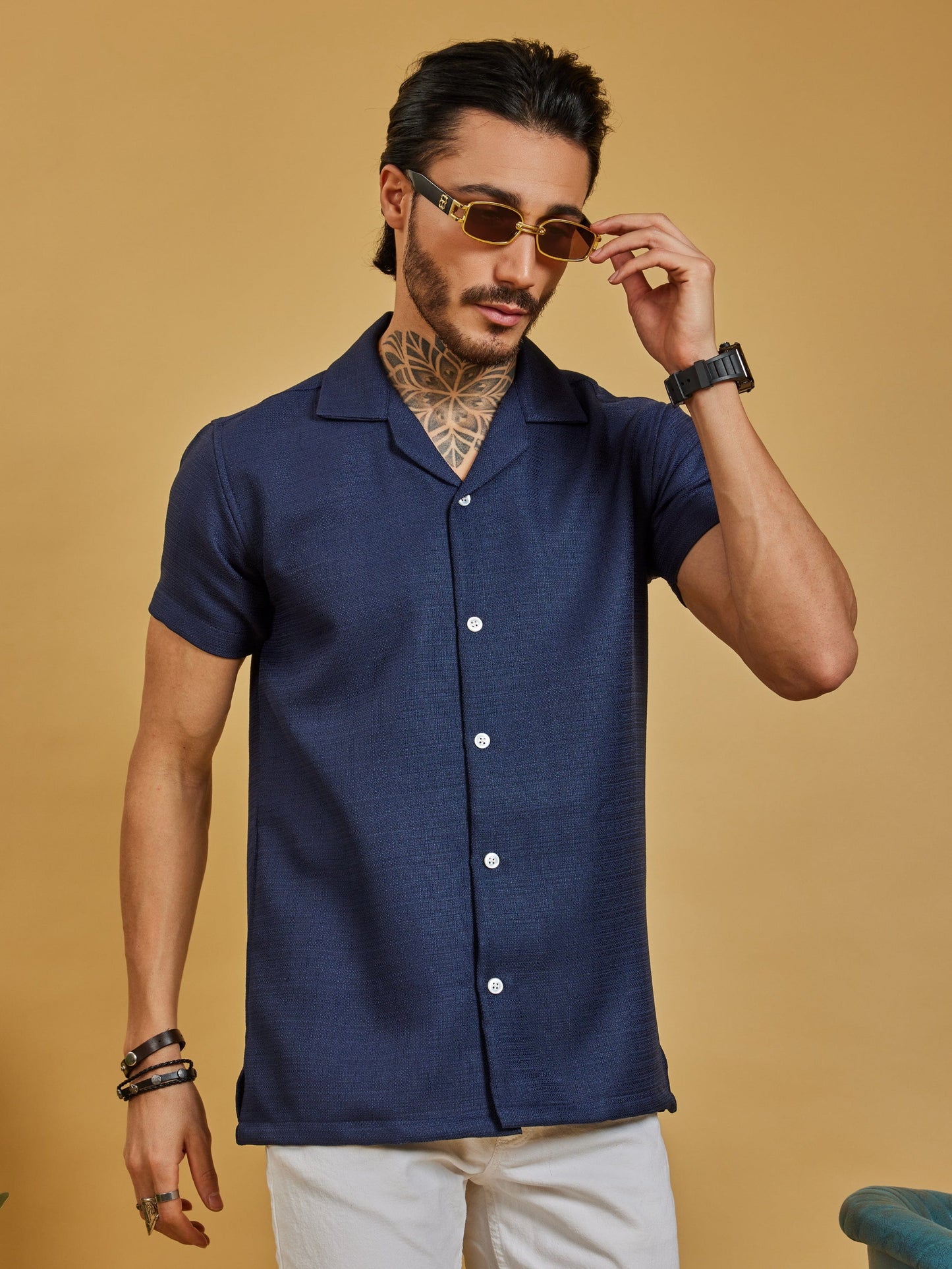 OTFIT Men’s Navy Blue Textured Shirt – Cotton Blend Open Collar | Half Sleeve | Minimal Look