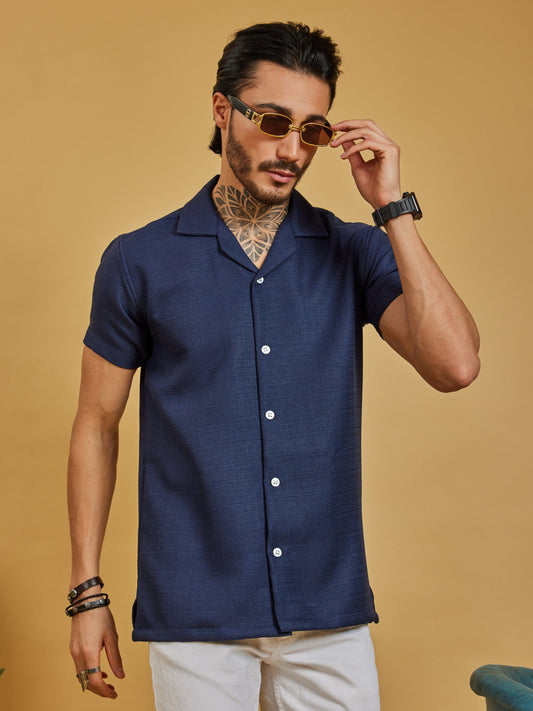 OTFIT Men’s Navy Blue Textured Shirt – Cotton Blend Open Collar | Half Sleeve | Minimal Look