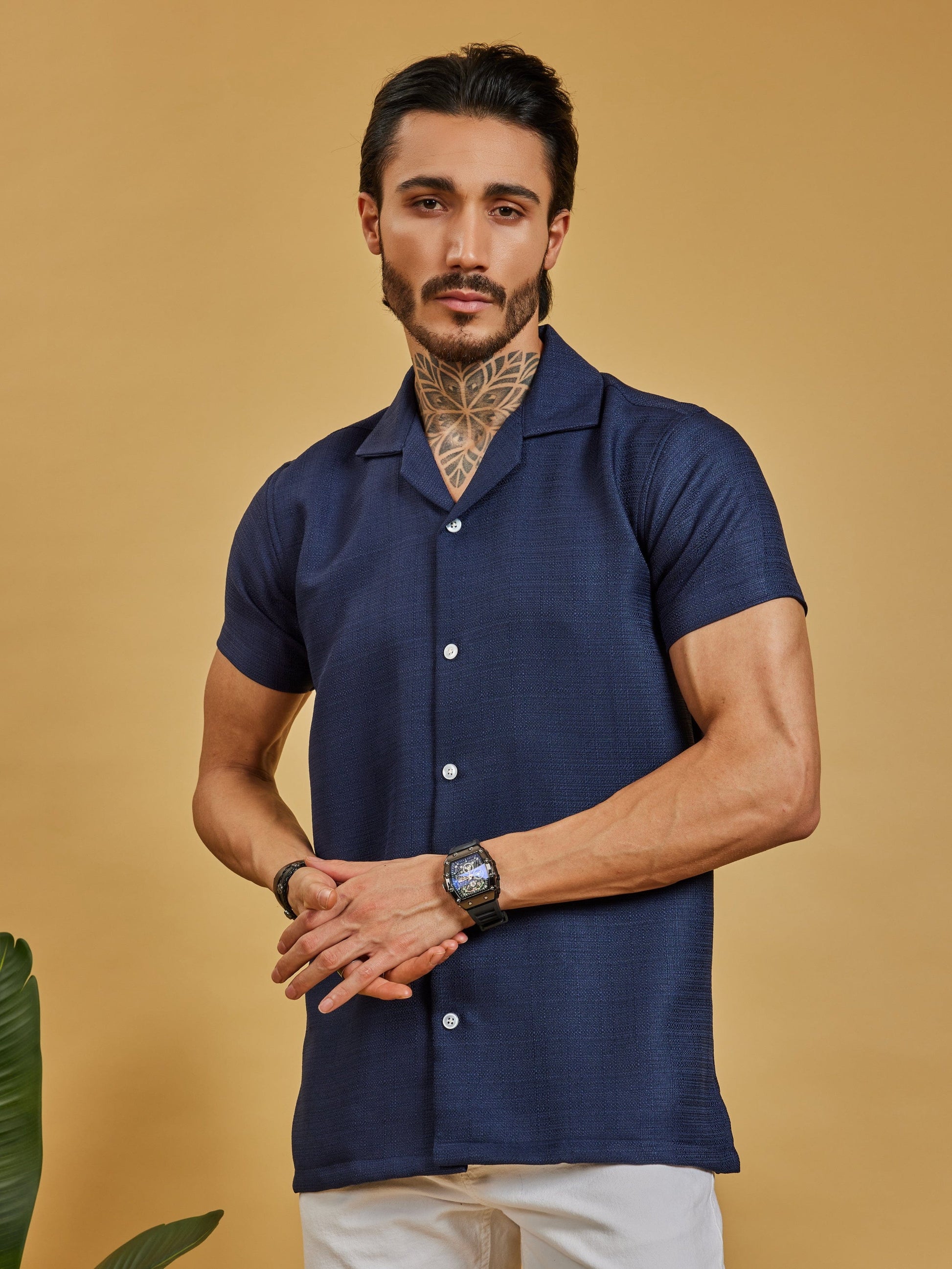 OTFIT Men’s Navy Blue Textured Shirt – Cotton Blend Open Collar | Half Sleeve | Minimal Look