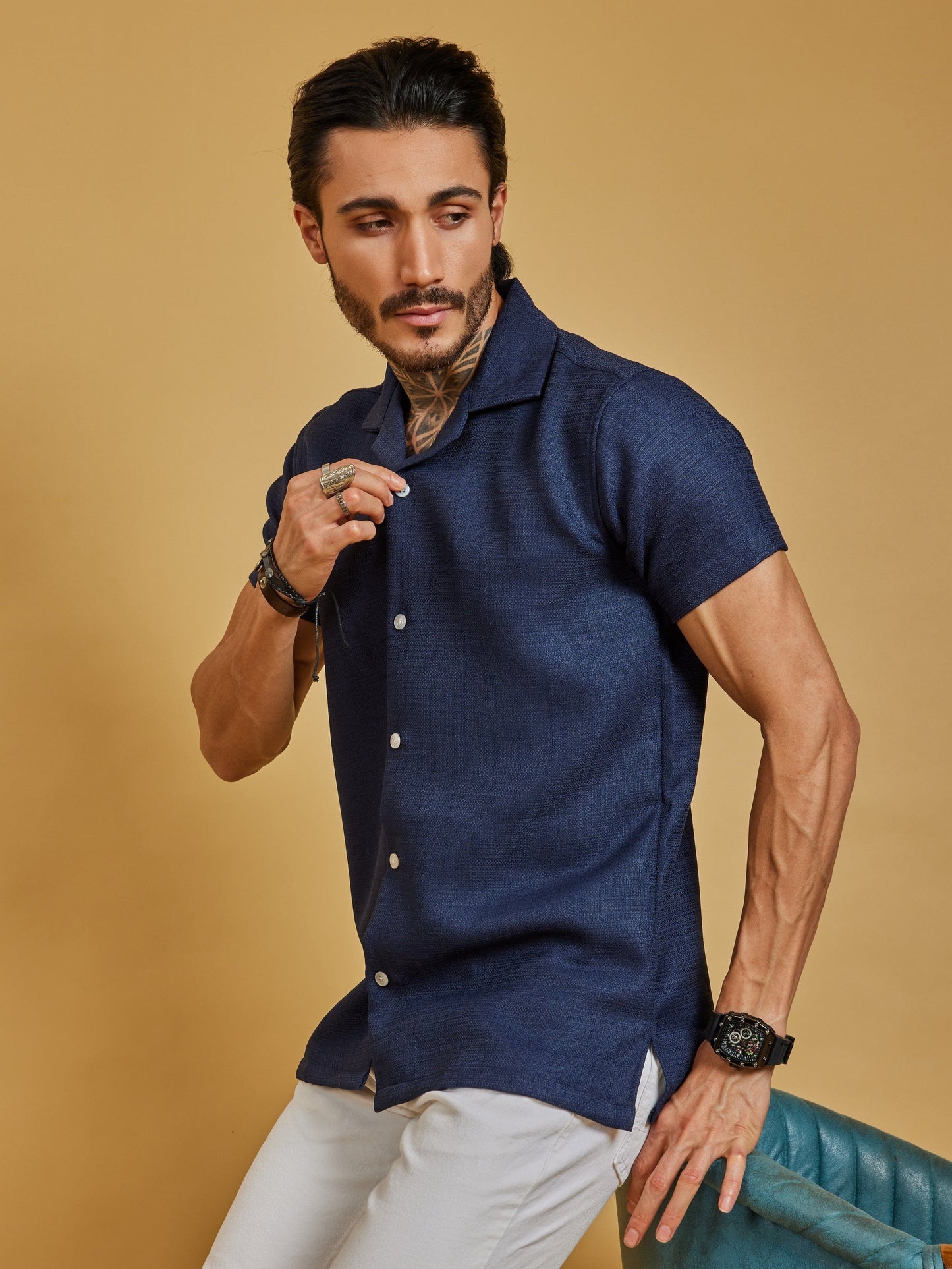 OTFIT Men’s Navy Blue Textured Shirt – Cotton Blend Open Collar | Half Sleeve | Minimal Look