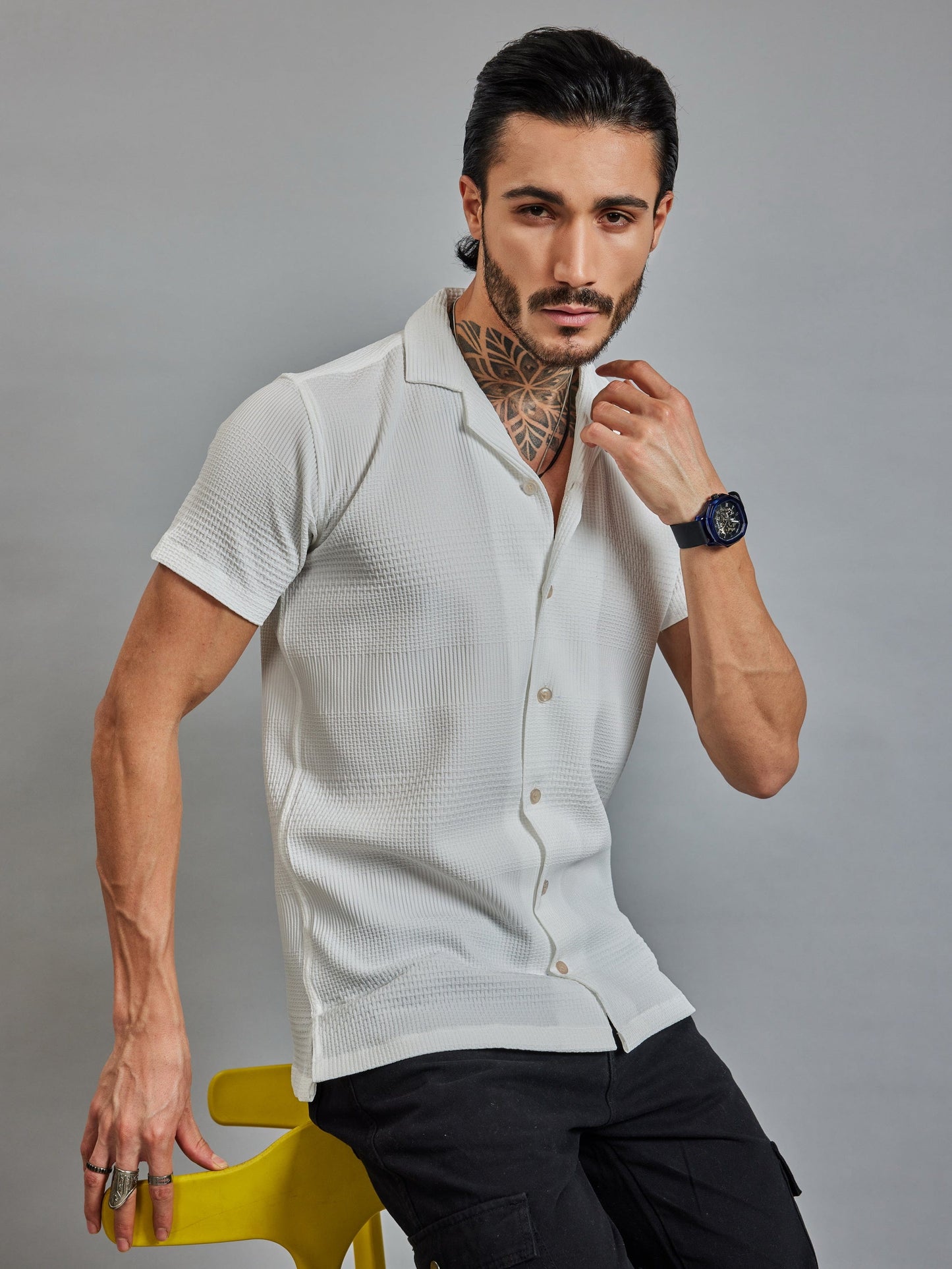 OTFIT Men's Popcorn Textured Shirt – Classic White | Open Collar | Half Sleeve | Resort-beach Style