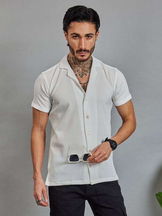 OTFIT Men's Popcorn Textured Shirt – Classic White | Open Collar | Half Sleeve | Resort-beach Style