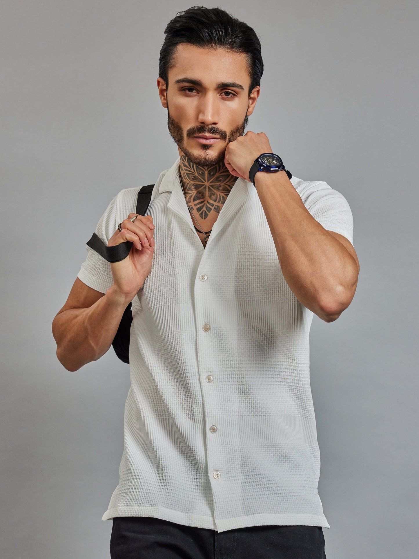 OTFIT Men's Popcorn Textured Shirt – Classic White | Open Collar | Half Sleeve | Resort-beach Style