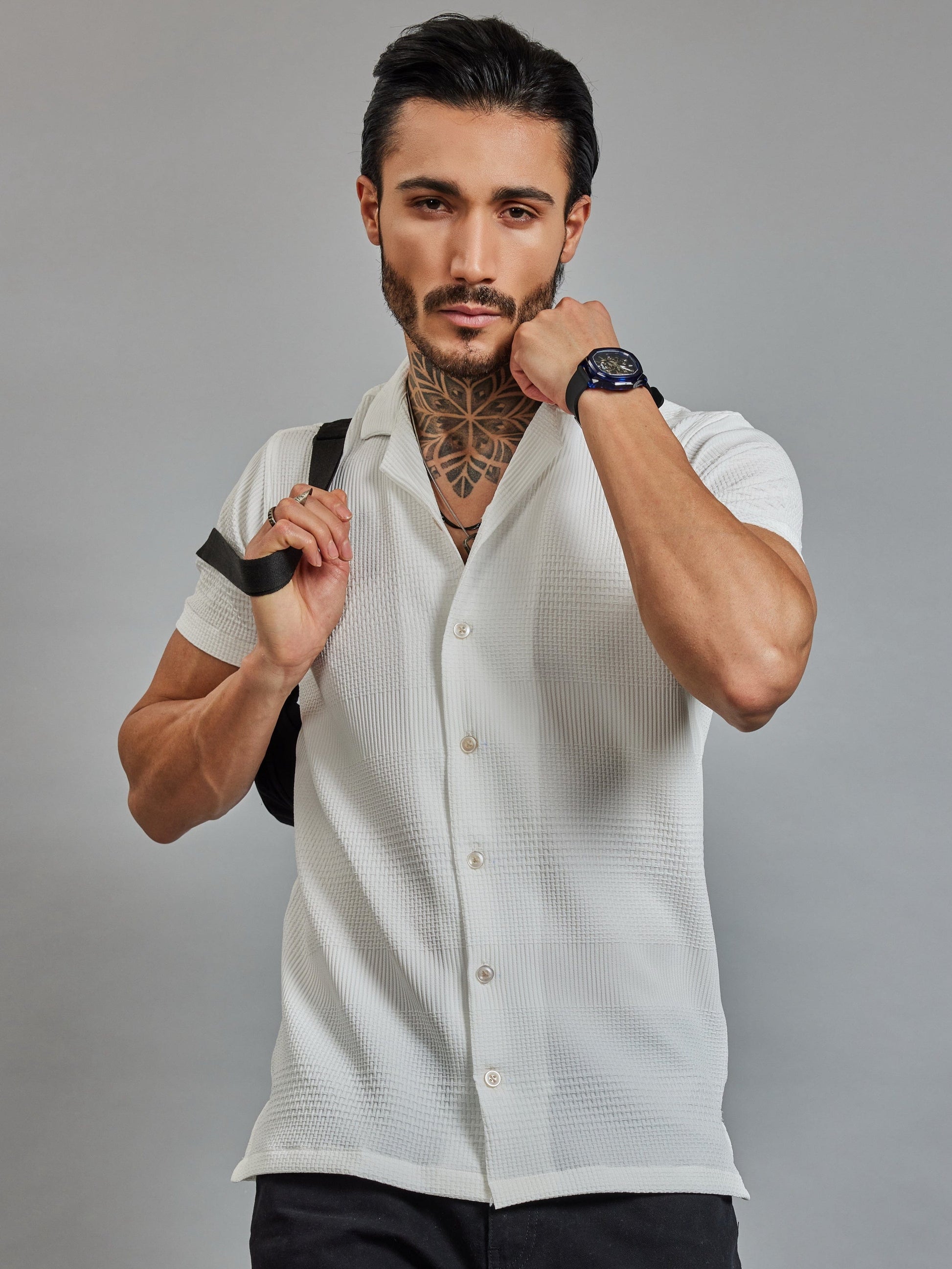 OTFIT Men's Popcorn Textured Shirt – Classic White | Open Collar | Half Sleeve | Resort-beach Style