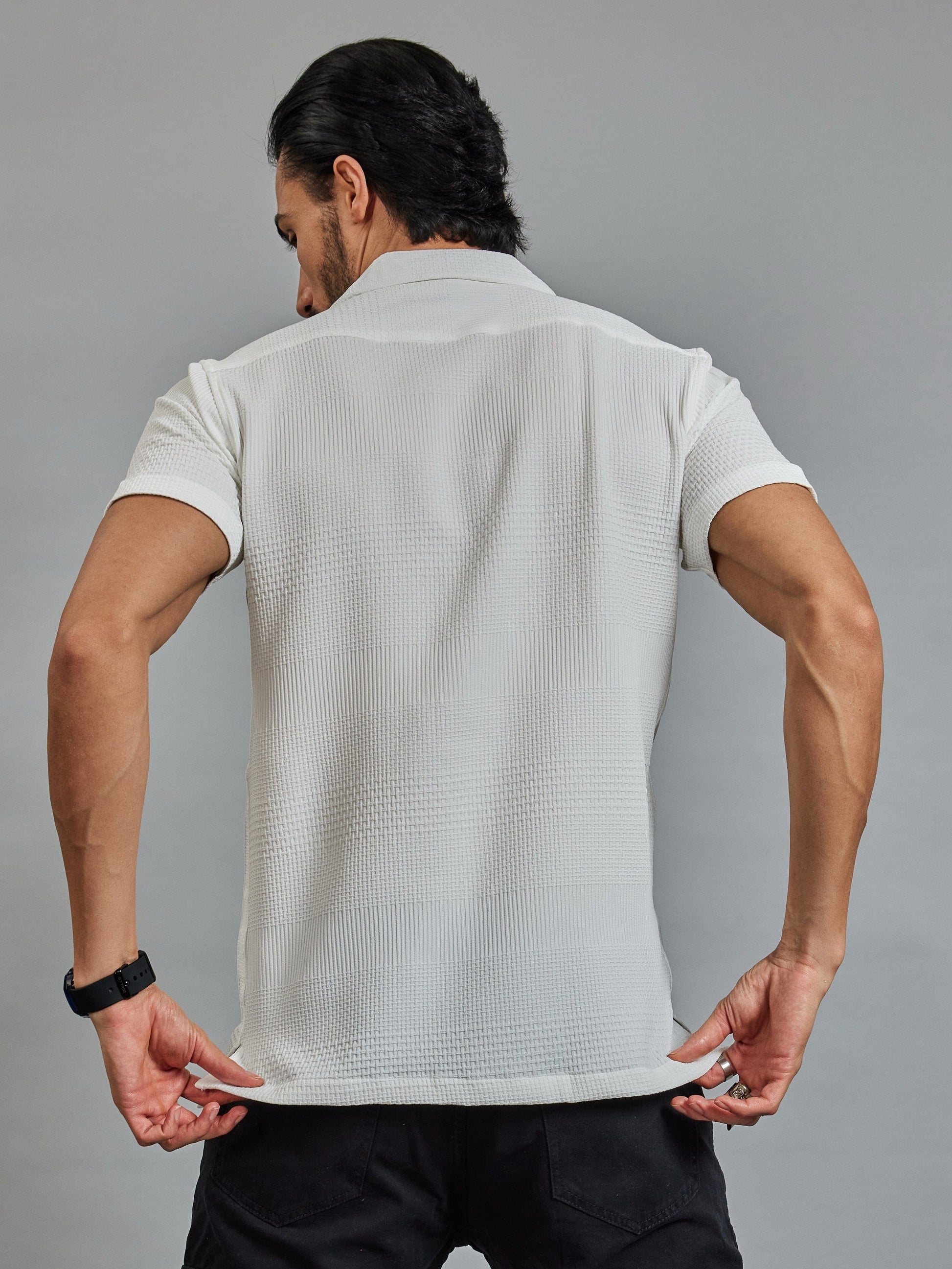 OTFIT Men's Popcorn Textured Shirt – Classic White | Open Collar | Half Sleeve | Resort-beach Style