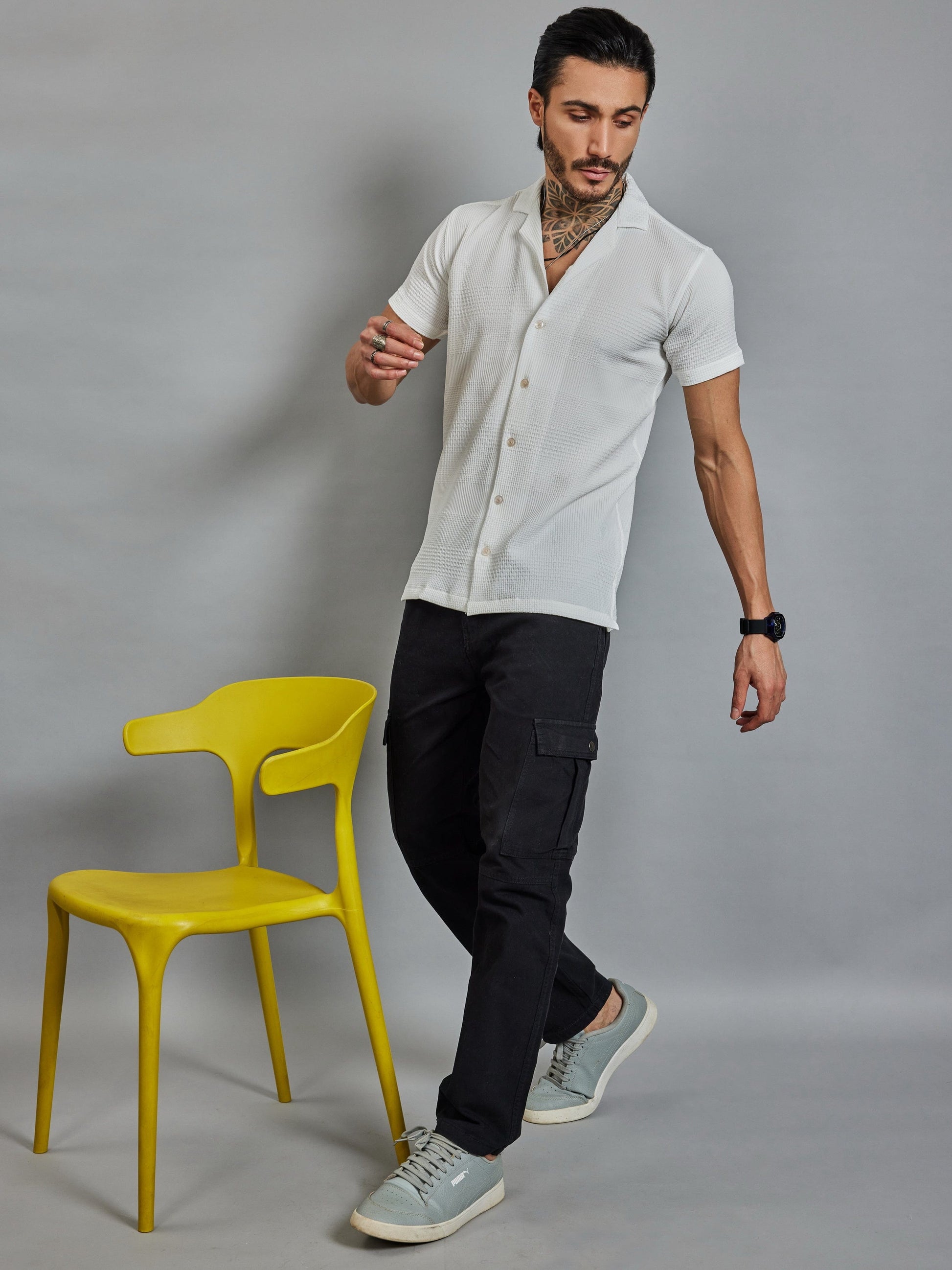 OTFIT Men's Popcorn Textured Shirt – Classic White | Open Collar | Half Sleeve | Resort-beach Style