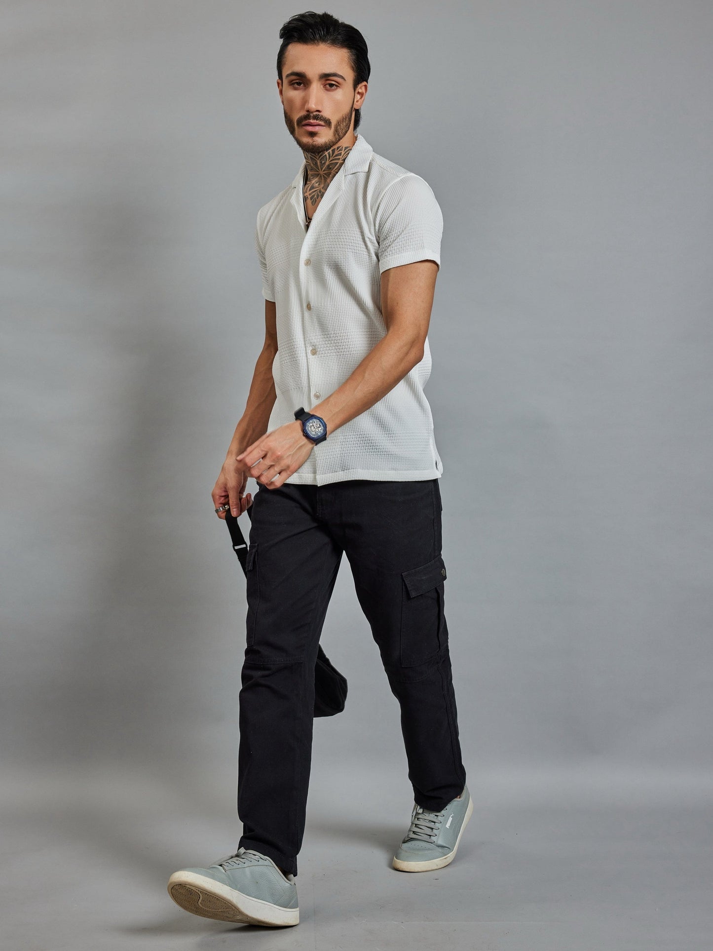 OTFIT Men's Popcorn Textured Shirt – Classic White | Open Collar | Half Sleeve | Resort-beach Style