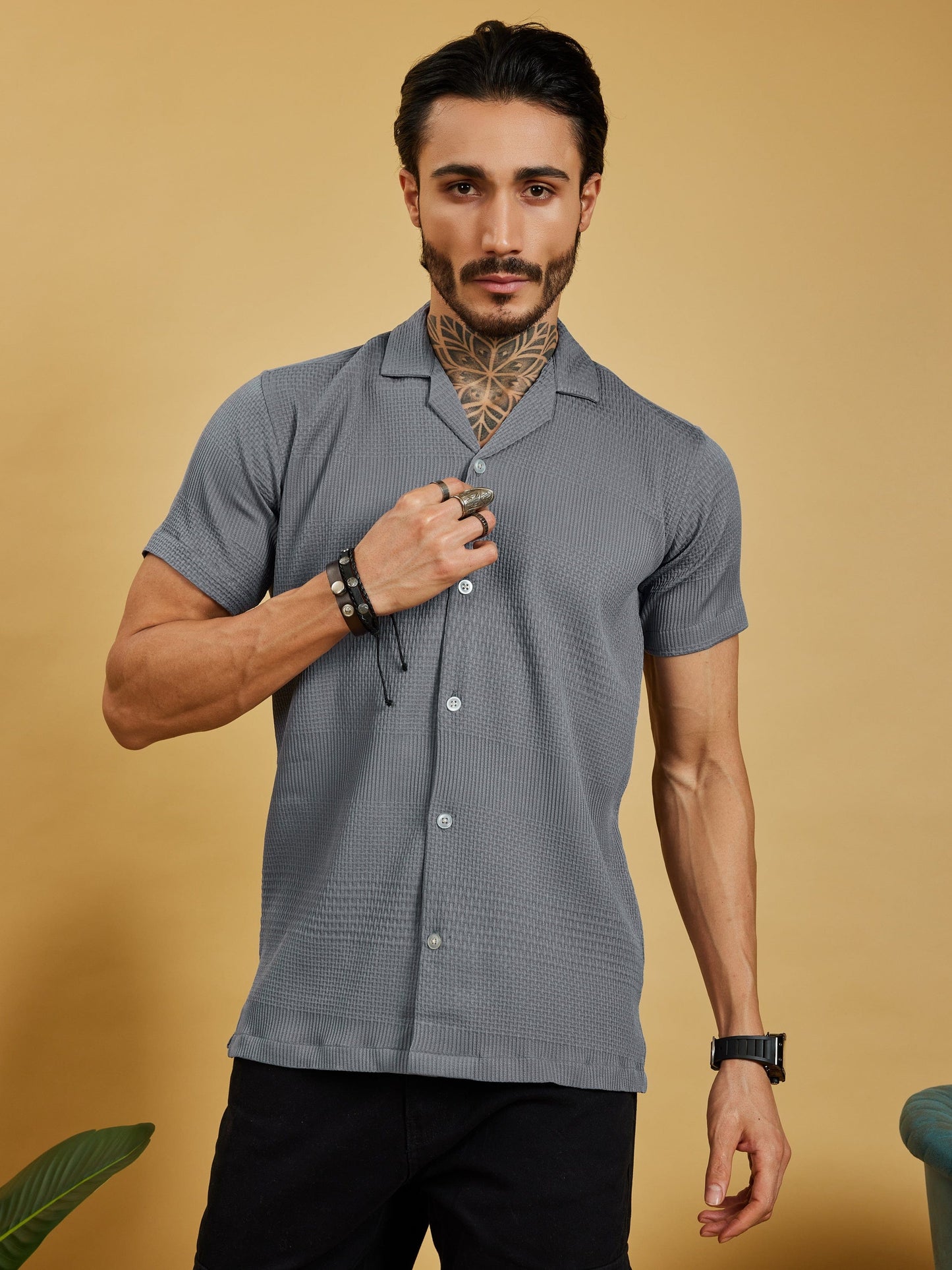 OTFIT Men's Popcorn Textured Shirt – Dusty Blue | Open Collar | Half Sleeve | Resort - Beach  Style