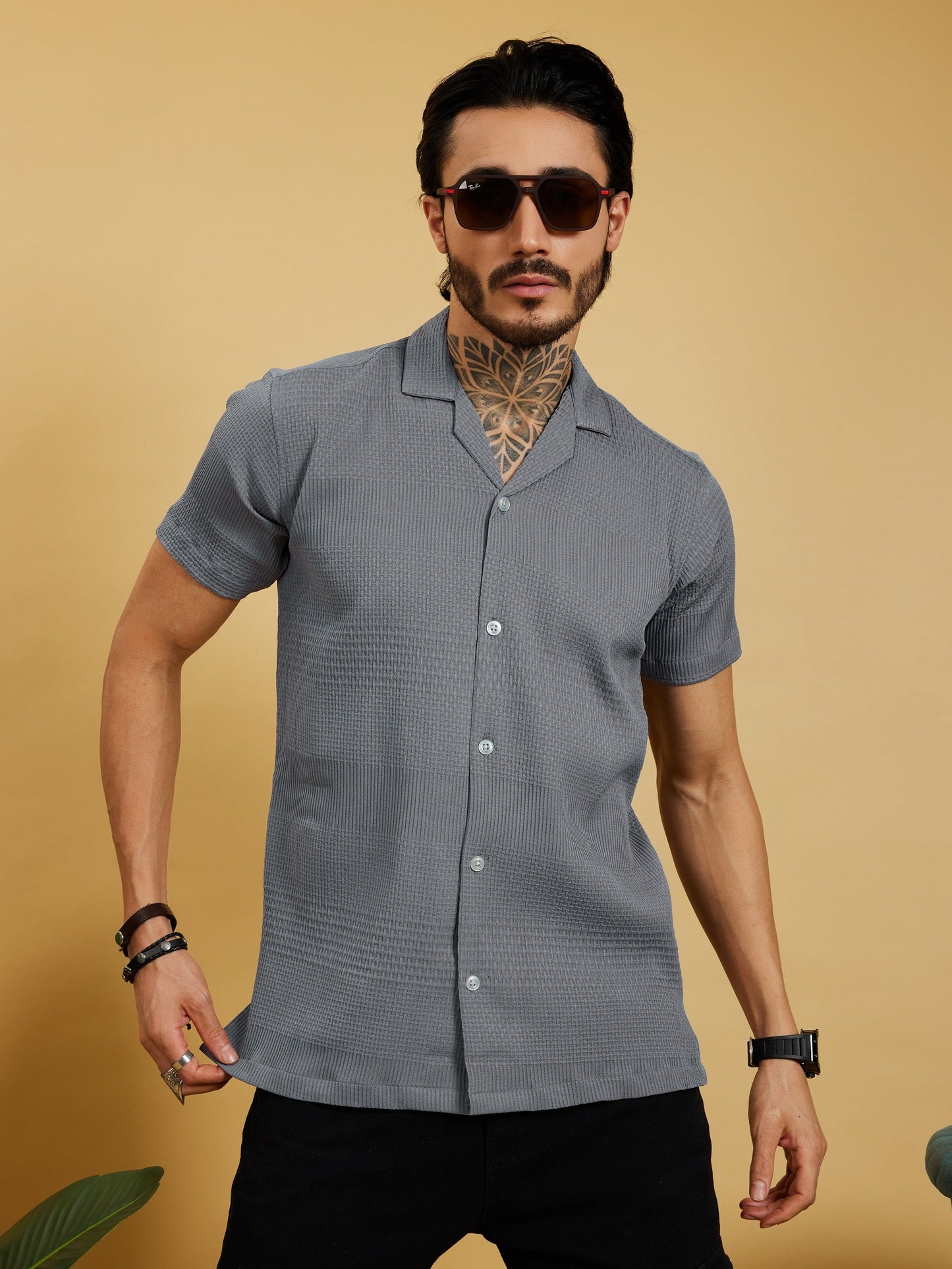 OTFIT Men's Popcorn Textured Shirt – Dusty Blue | Open Collar | Half Sleeve | Resort - Beach  Style