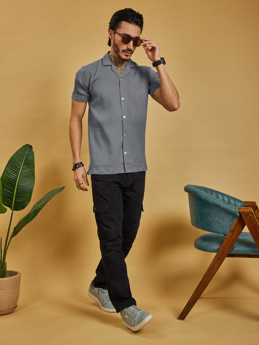 OTFIT Men's Popcorn Textured Shirt – Dusty Blue | Open Collar | Half Sleeve | Resort - Beach  Style