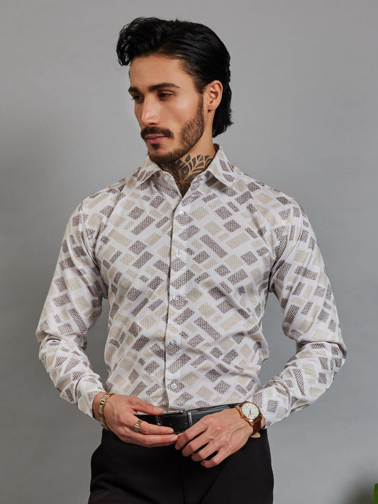 OTFIT Men's Premium Cotton Jacquard Weave Shirt – Beige & Coffee Full Sleeve No Pocket
