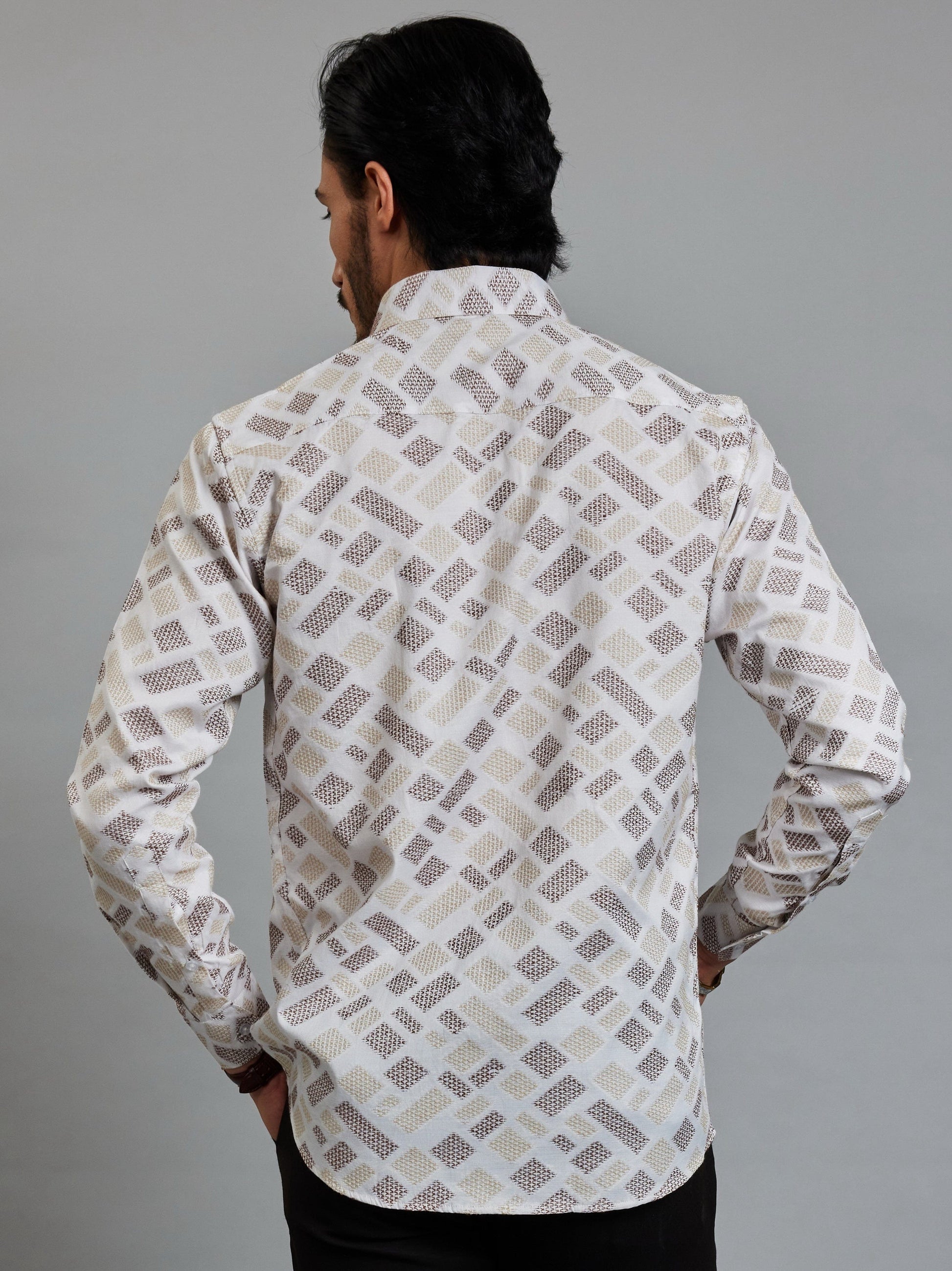 OTFIT Men's Premium Cotton Jacquard Weave Shirt – Beige & Coffee Full Sleeve No Pocket
