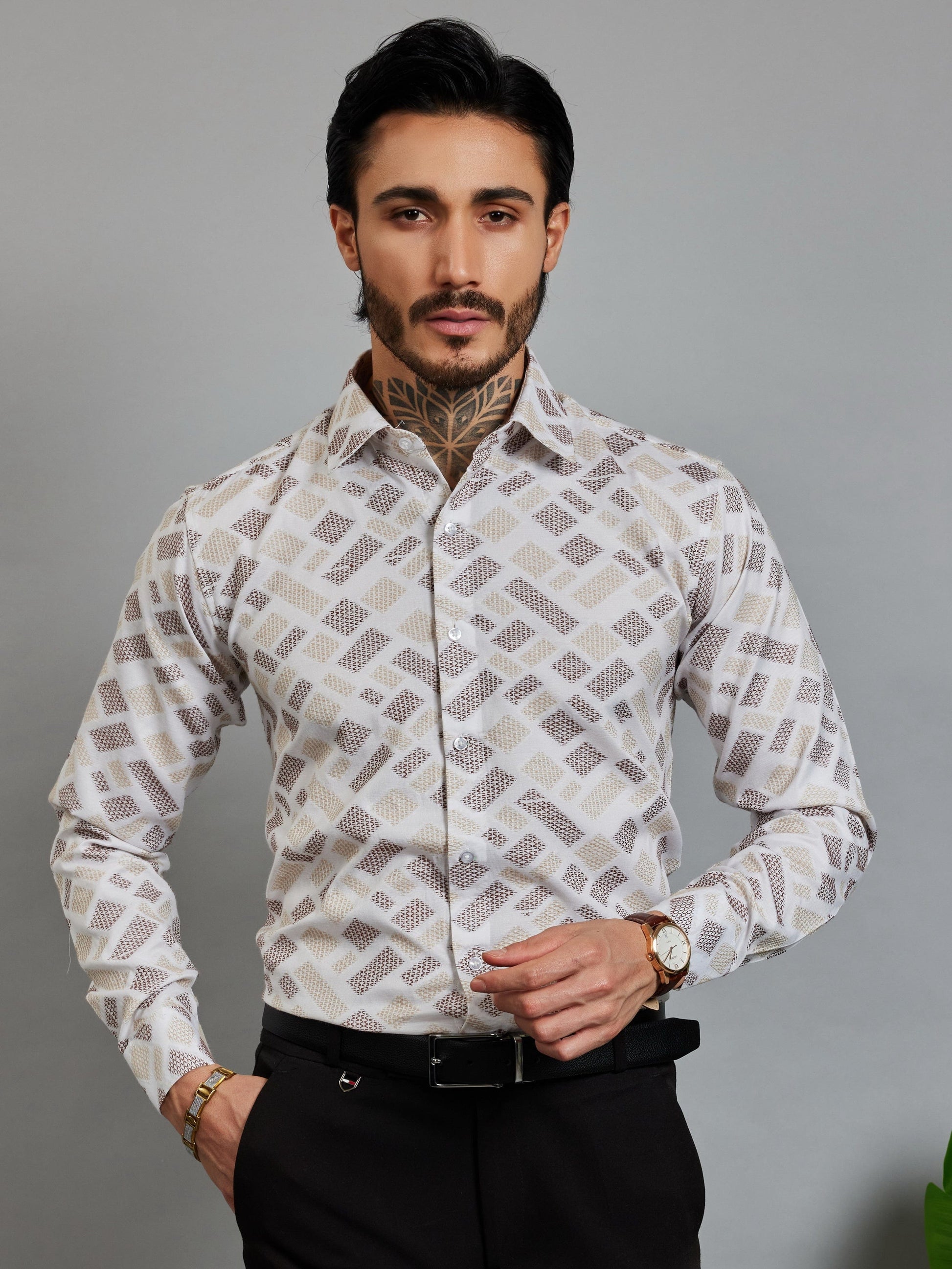 OTFIT Men's Premium Cotton Jacquard Weave Shirt – Beige & Coffee Full Sleeve No Pocket
