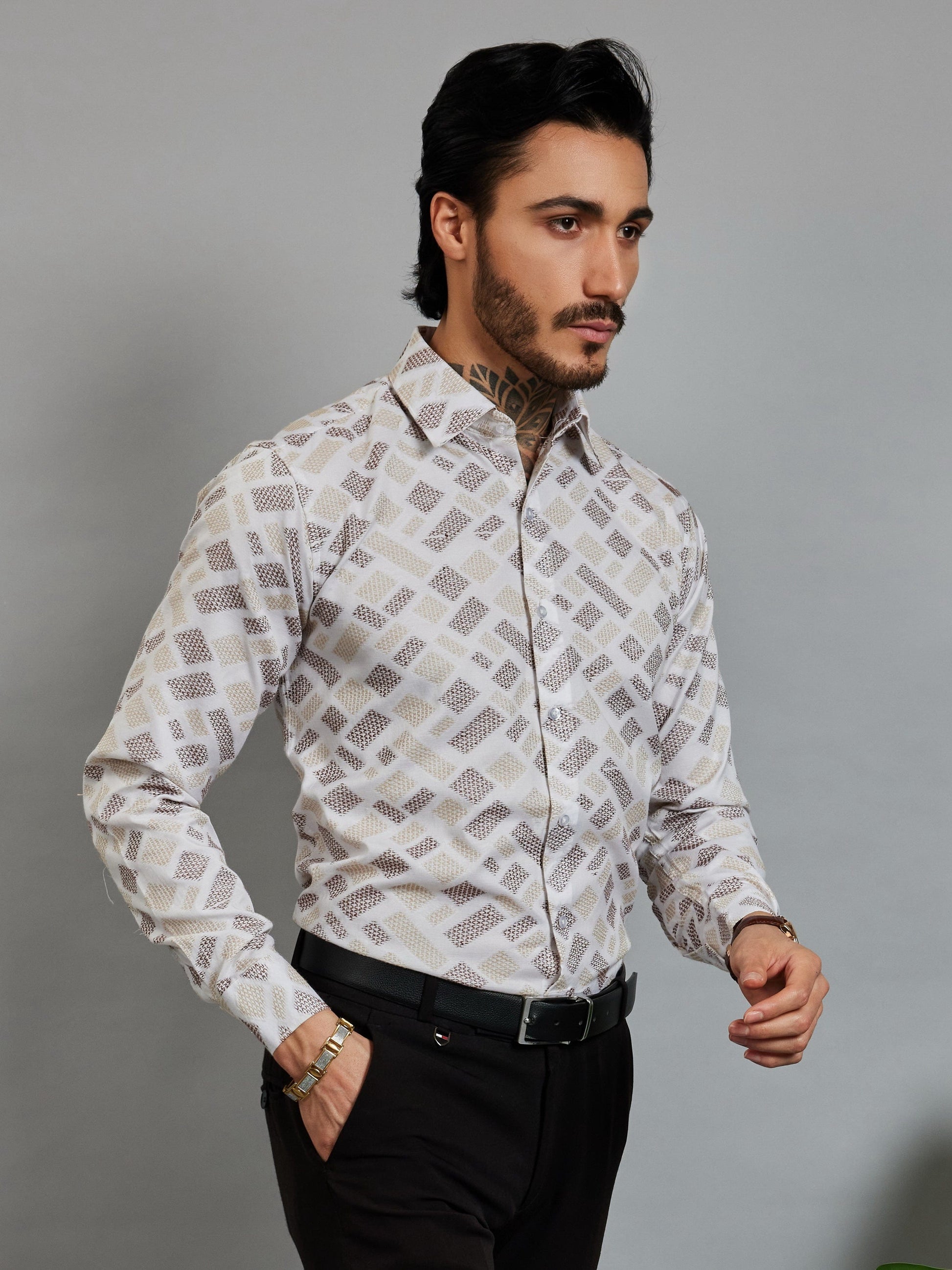 OTFIT Men's Premium Cotton Jacquard Weave Shirt – Beige & Coffee Full Sleeve No Pocket