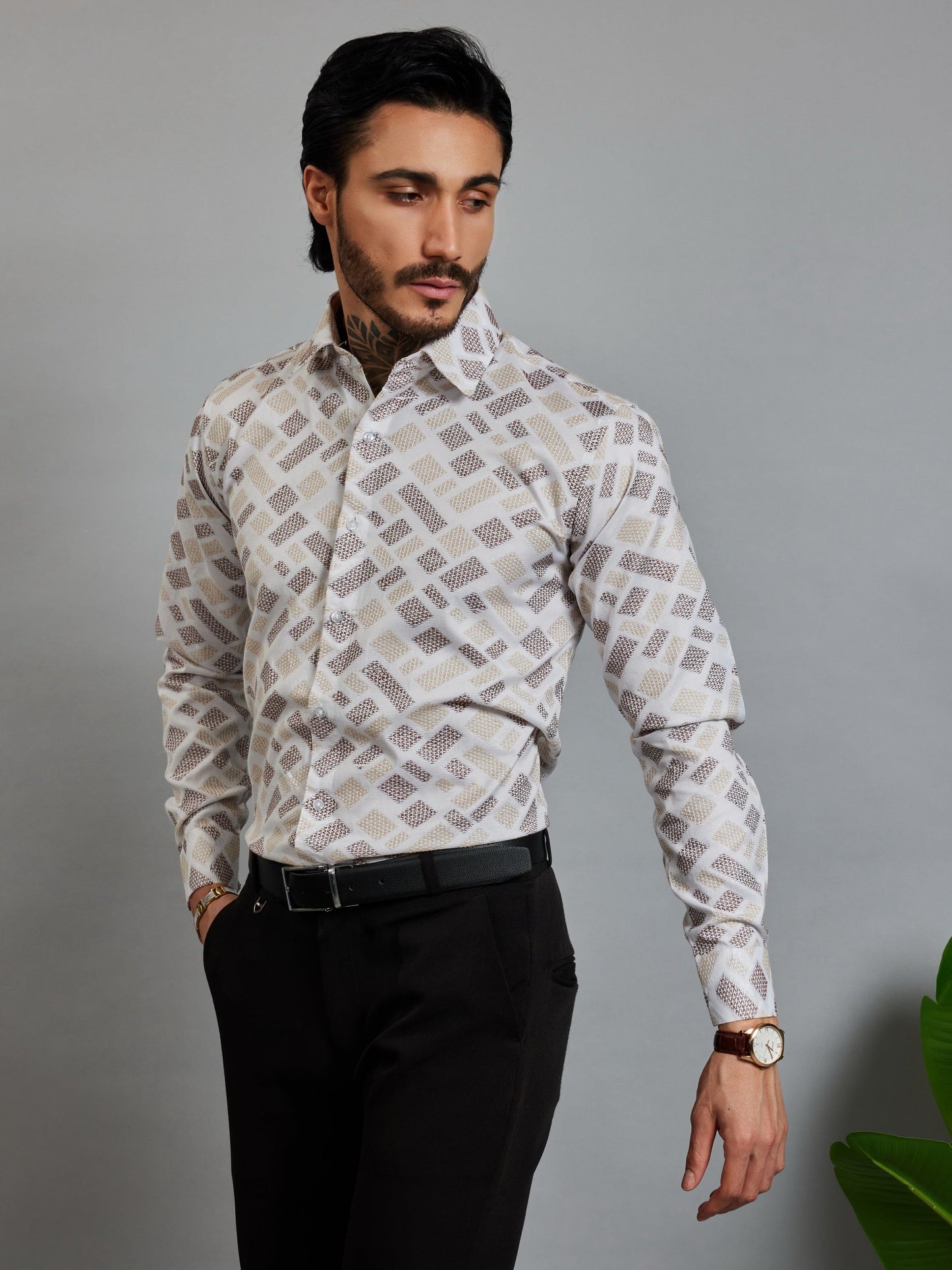 OTFIT Men's Premium Cotton Jacquard Weave Shirt – Beige & Coffee Full Sleeve No Pocket