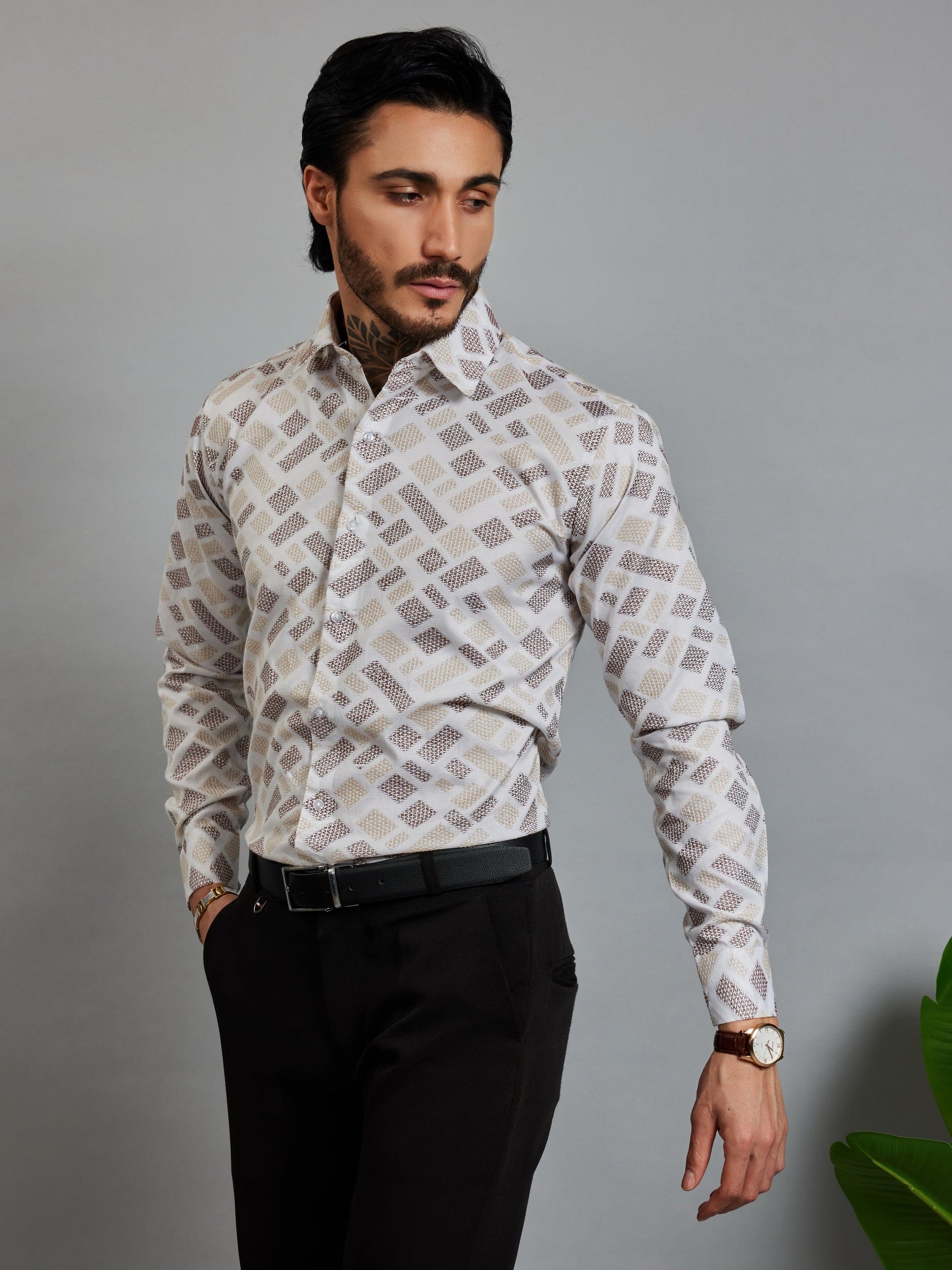 OTFIT Men's Premium Cotton Jacquard Weave Shirt – Beige & Coffee Full Sleeve No Pocket