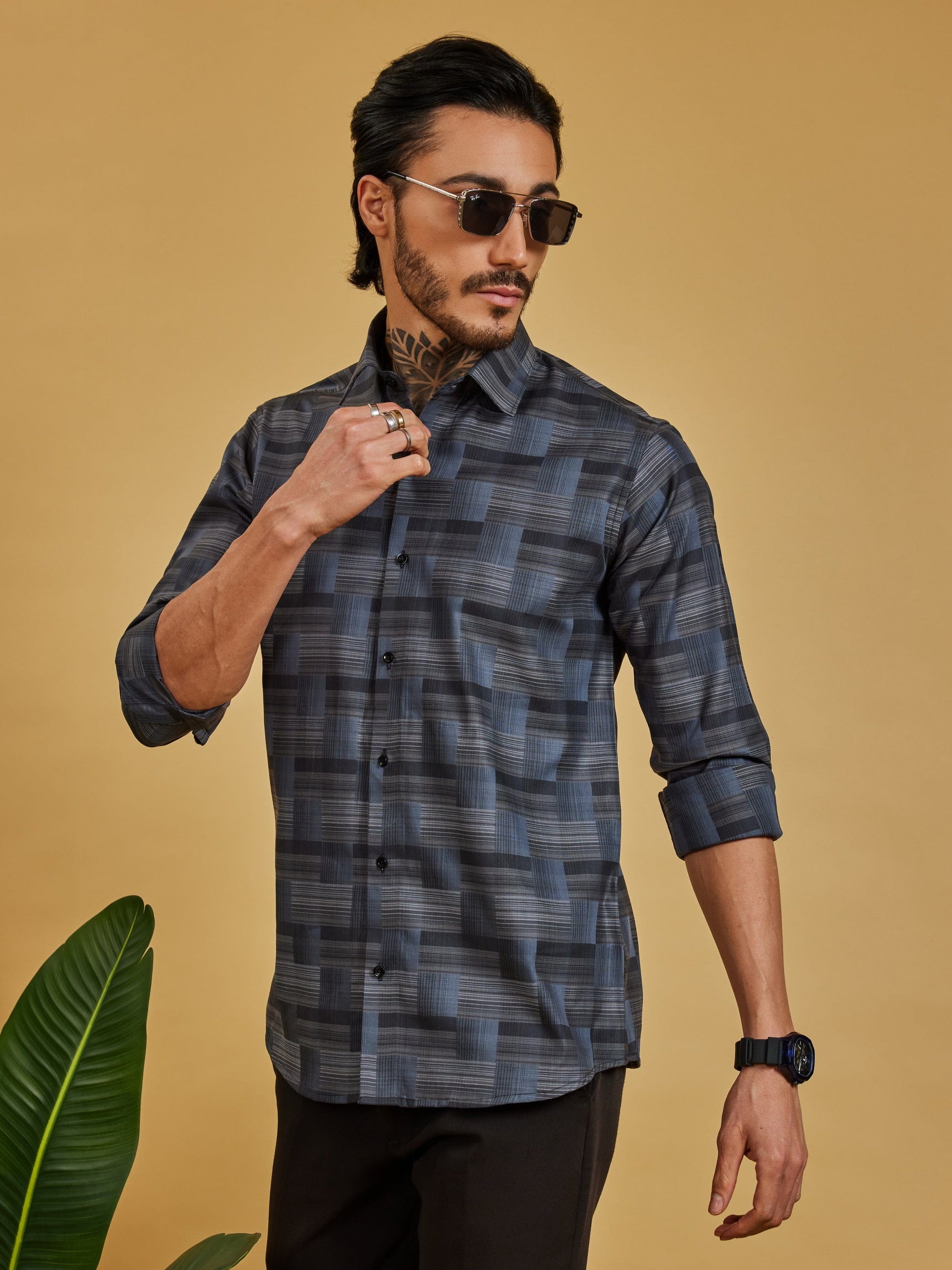 OTFIT Men's Premium Cotton Jacquard Weave Shirt – Charcoal Checks Full Sleeve | No Pocket