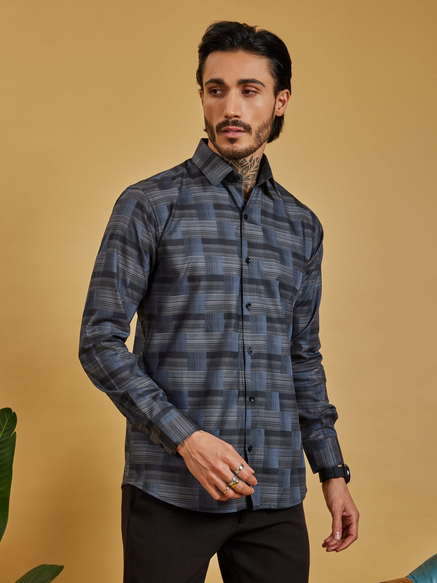 OTFIT Men's Premium Cotton Jacquard Weave Shirt – Charcoal Checks Full Sleeve | No Pocket