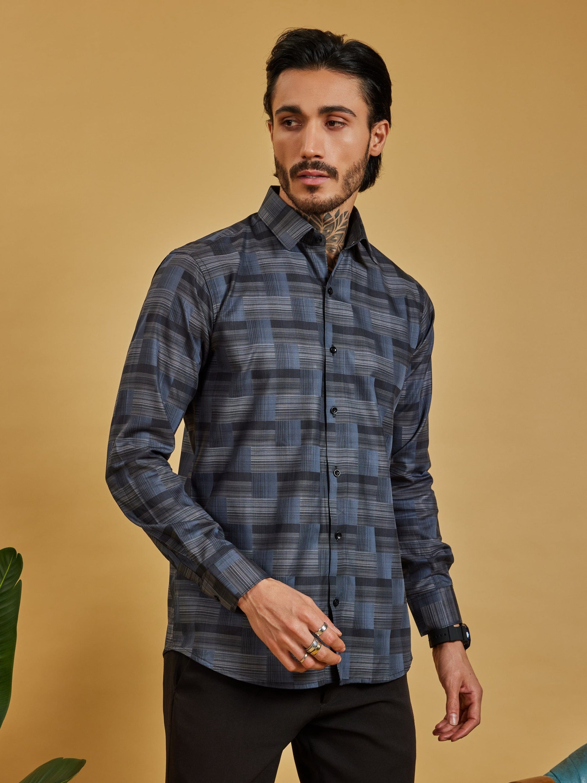 OTFIT Men's Premium Cotton Jacquard Weave Shirt – Charcoal Checks Full Sleeve | No Pocket