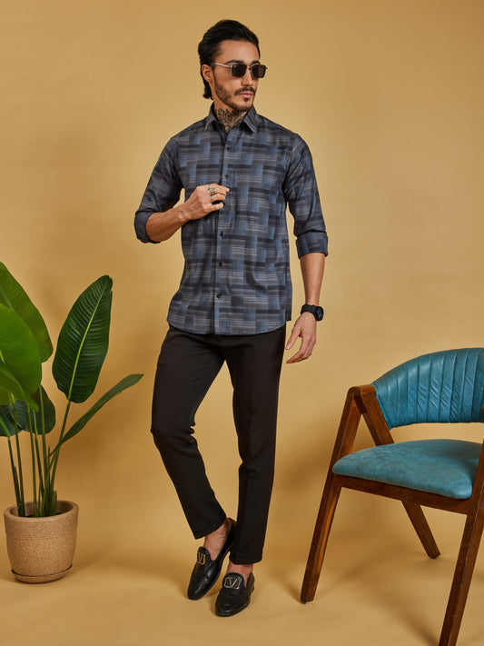 OTFIT Men's Premium Cotton Jacquard Weave Shirt – Charcoal Checks Full Sleeve | No Pocket