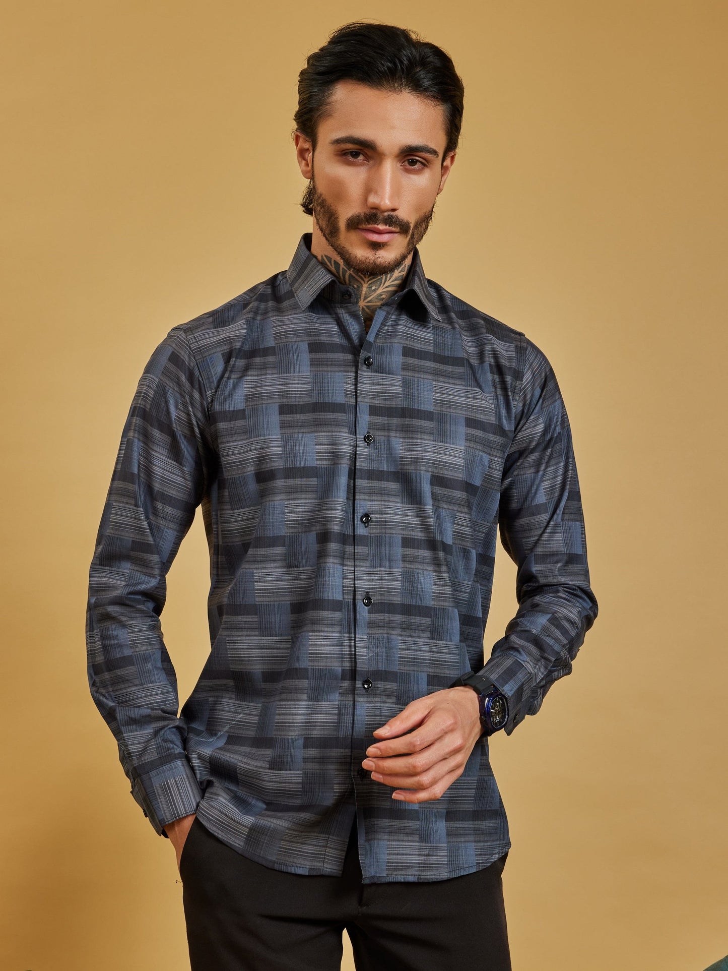 OTFIT Men's Premium Cotton Jacquard Weave Shirt – Charcoal Checks Full Sleeve | No Pocket