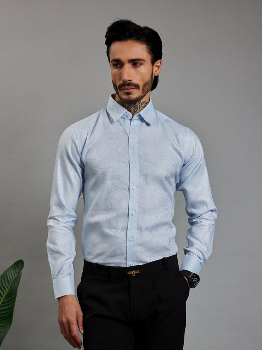 OTFIT Men’s Premium Light Blue Jacquard Cotton Shirt – Full Sleeve | Paisley Weave | No Pocket