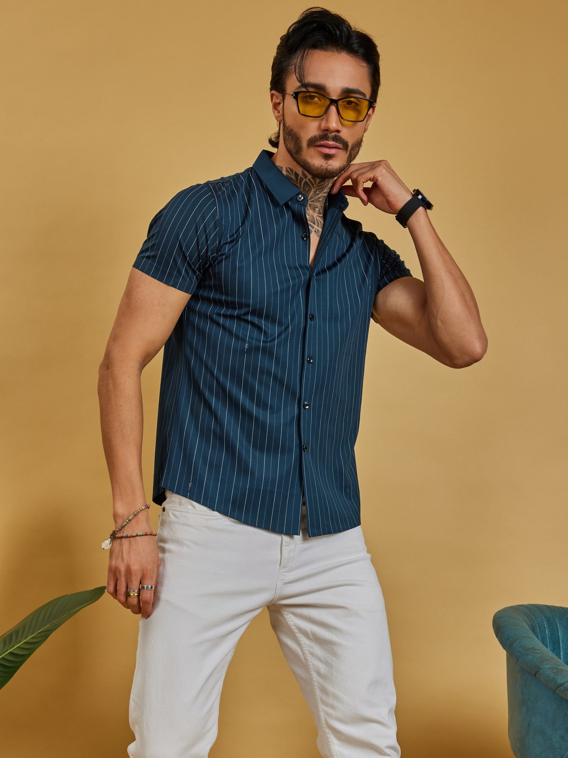 OTFIT Men’s Premium Nylon Half Sleeve Shirt – Dark Teal Blue Vertical Stripes (No Pocket)