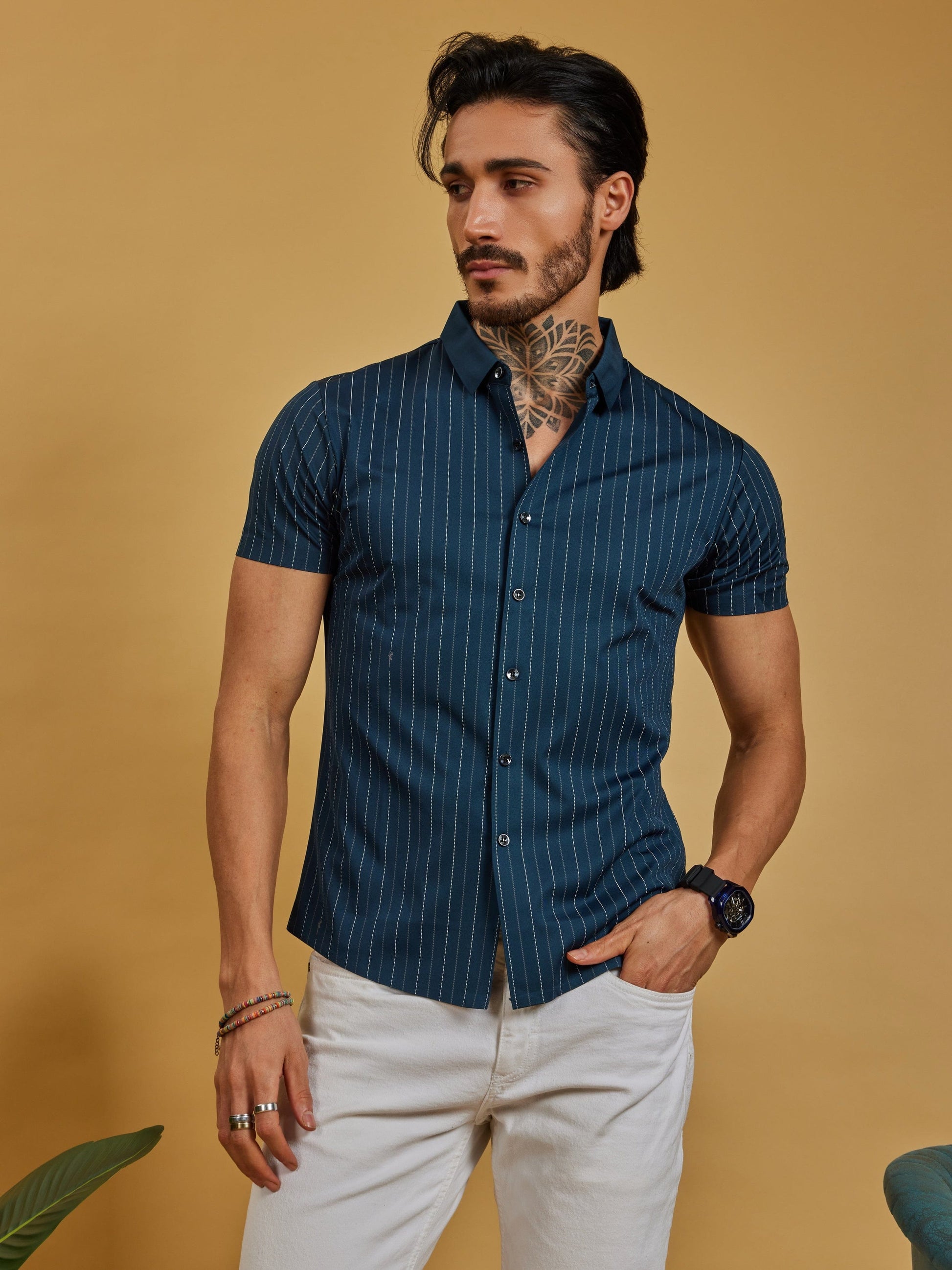 OTFIT Men’s Premium Nylon Half Sleeve Shirt – Dark Teal Blue Vertical Stripes (No Pocket)