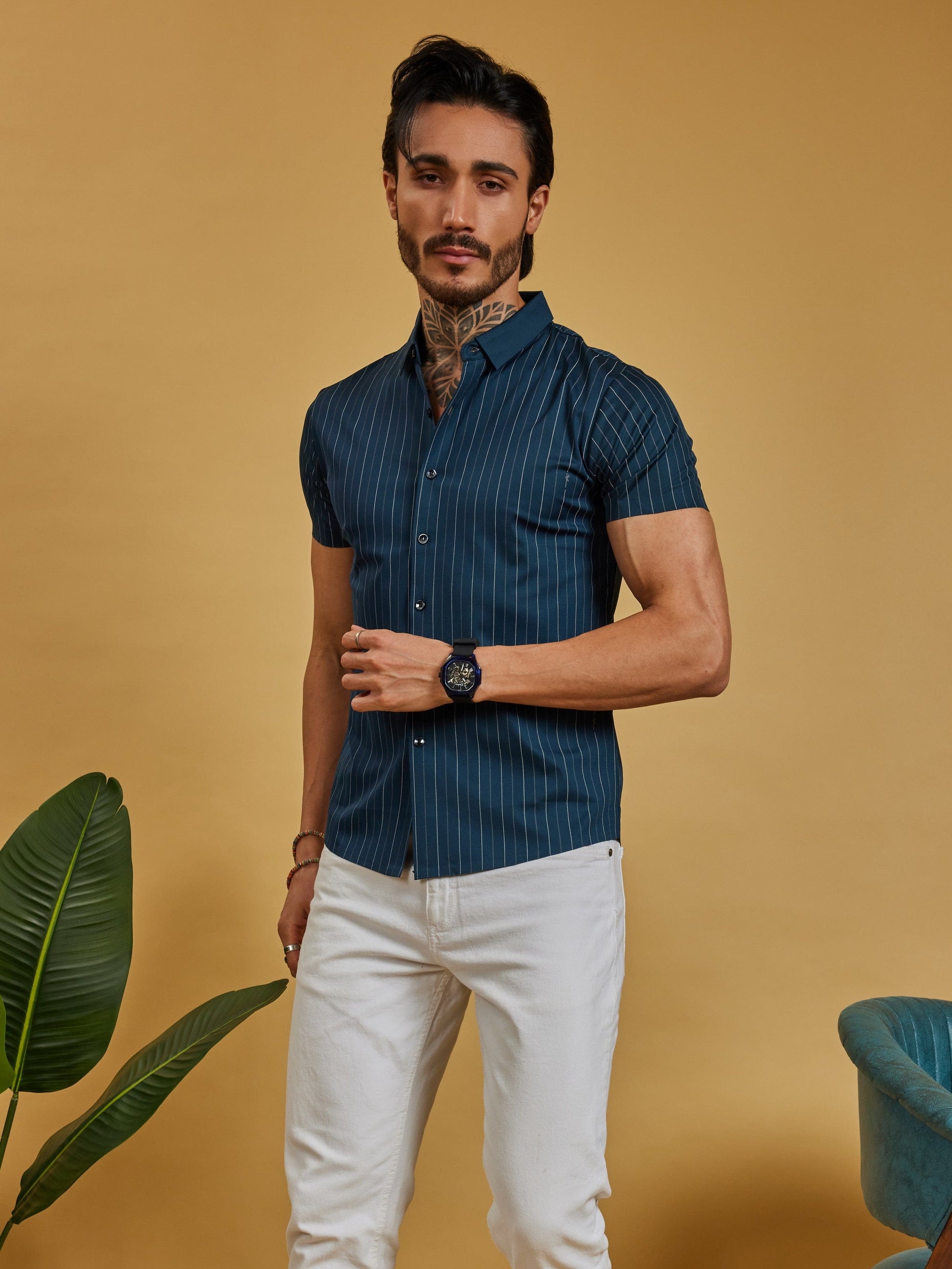 OTFIT Men’s Premium Nylon Half Sleeve Shirt – Dark Teal Blue Vertical Stripes (No Pocket)