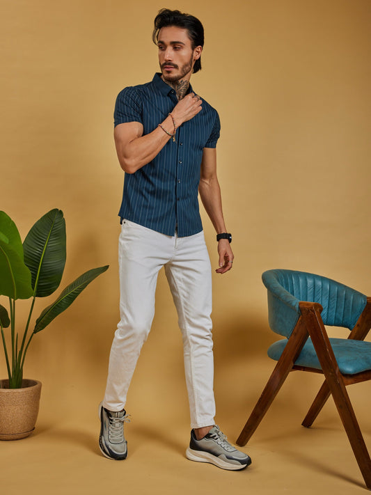 OTFIT Men’s Premium Nylon Half Sleeve Shirt – Dark Teal Blue Vertical Stripes (No Pocket)